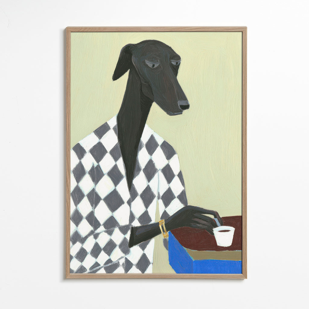 Hundeportræt med kaffekop – Oak Frame
