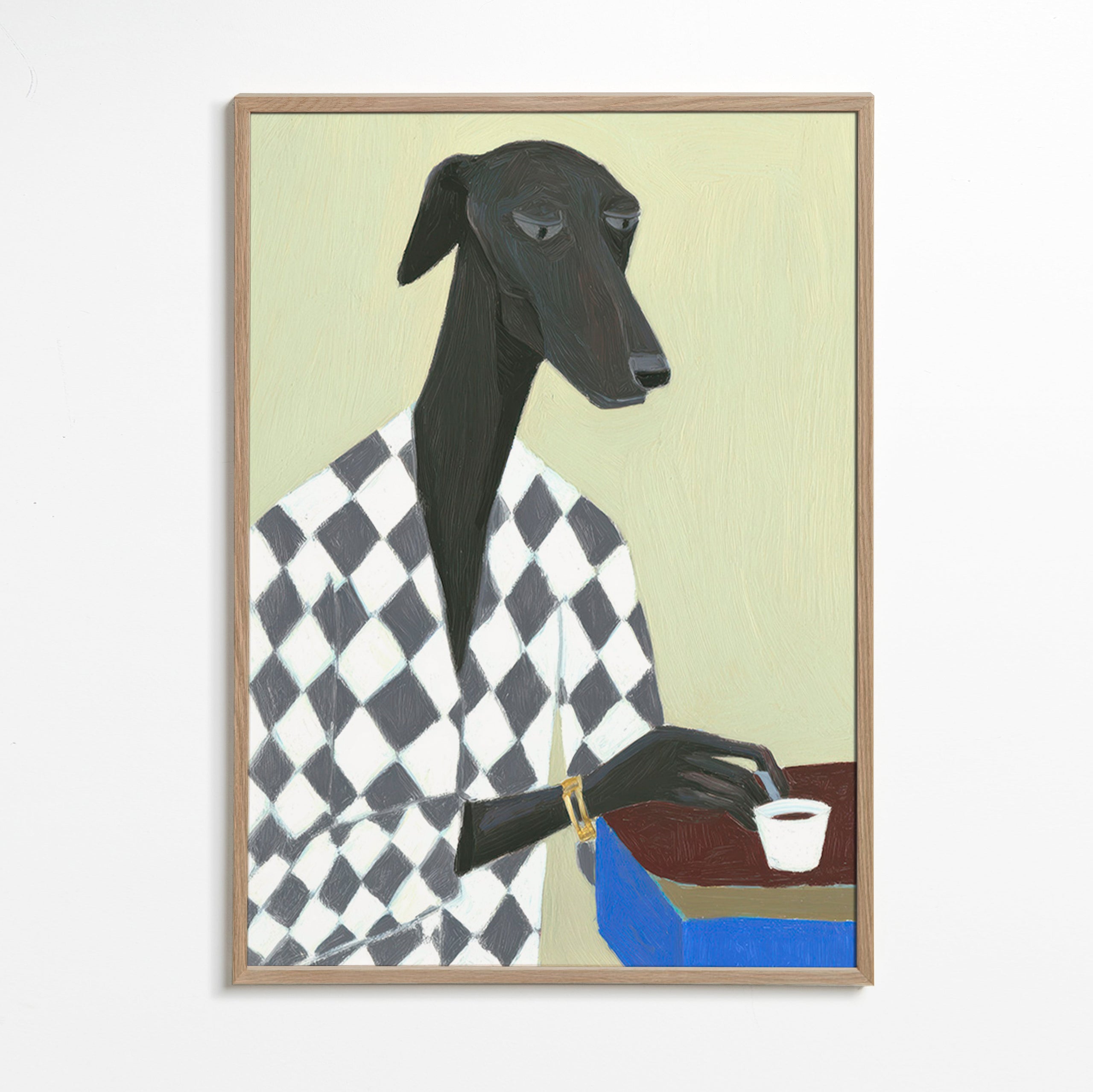 Hundeportræt med kaffekop – Oak Frame
