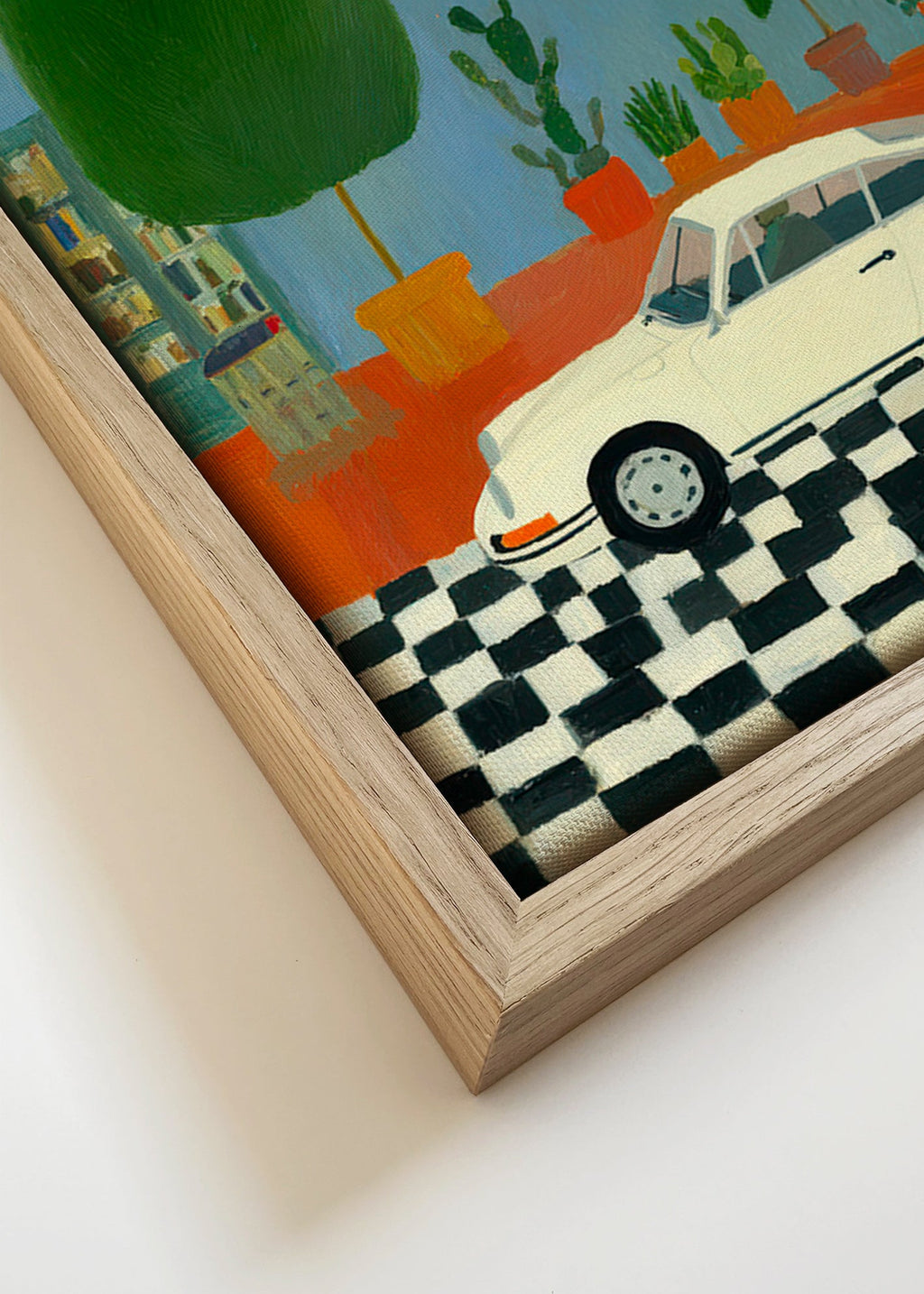 Illustration med klassisk bil og stueplanter – Canvas detail