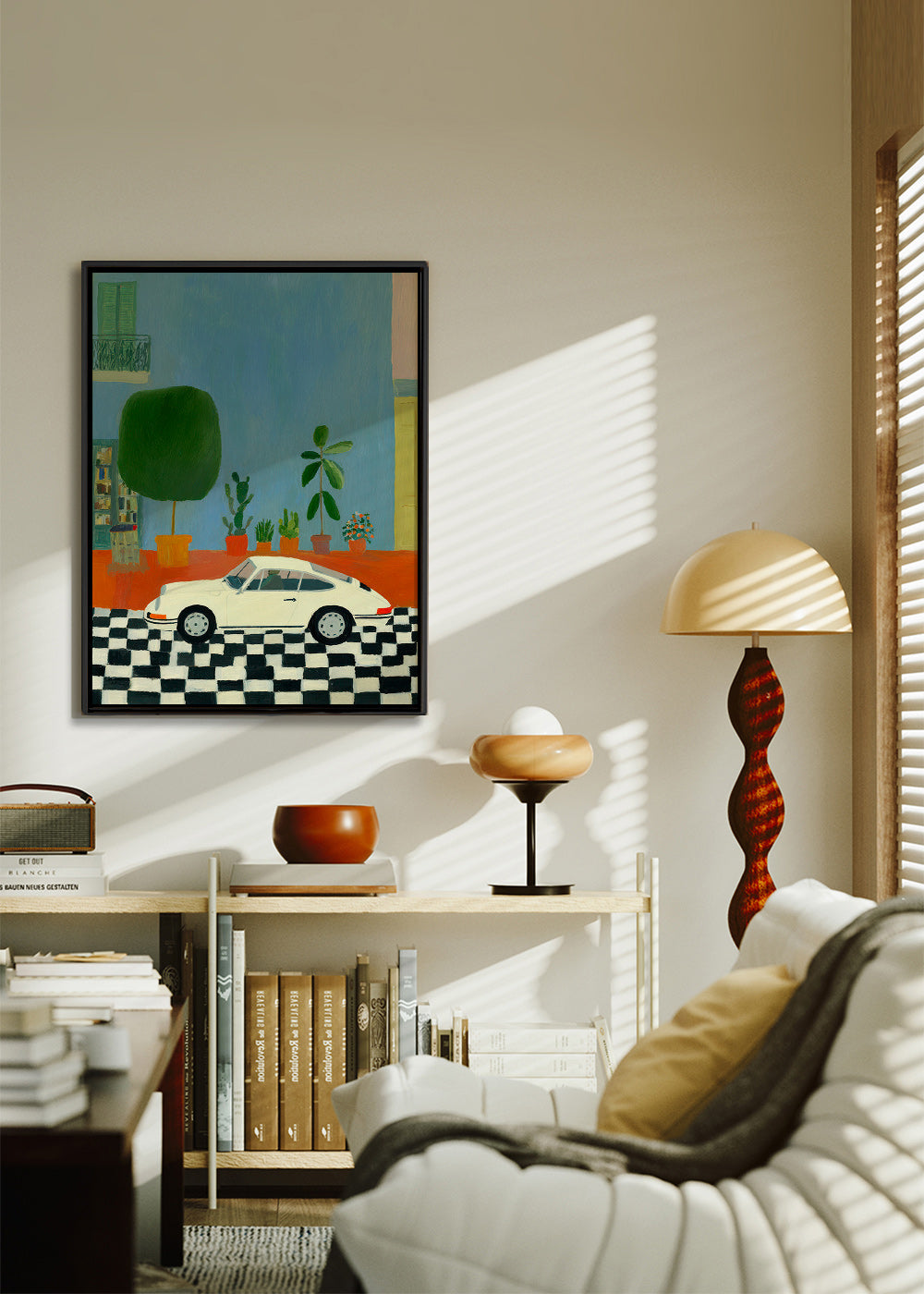 Illustration med klassisk bil og stueplanter – Canvas1