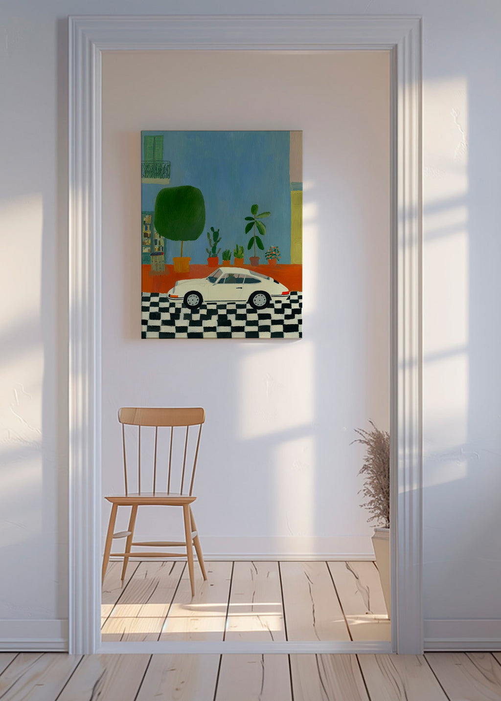 Illustration med klassisk bil og stueplanter – Canvas