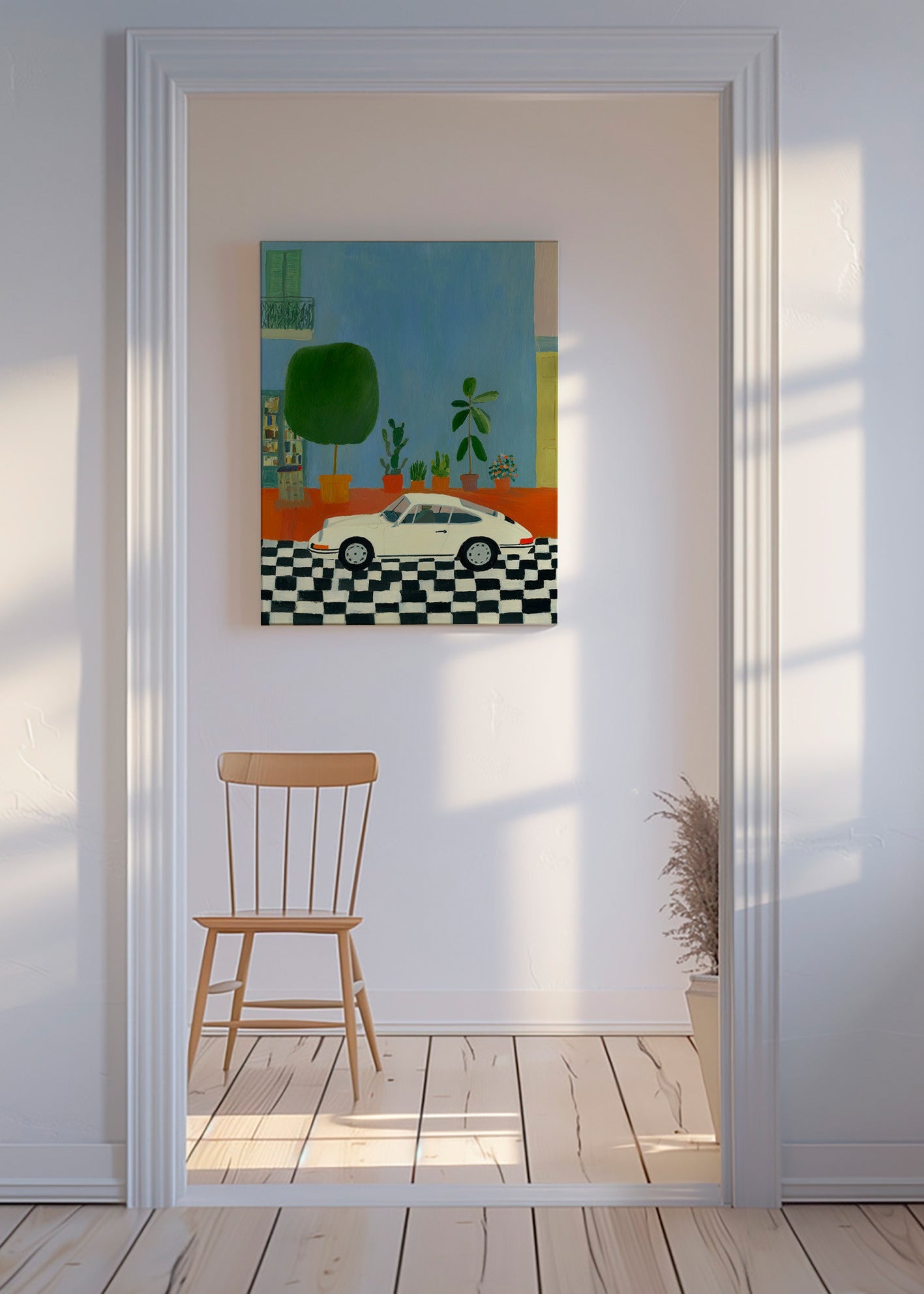 Illustration med klassisk bil og stueplanter – Canvas