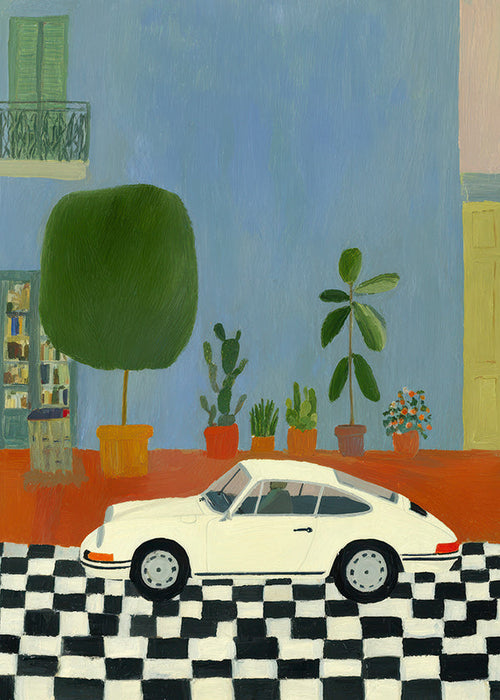 Illustration med klassisk bil og stueplanter