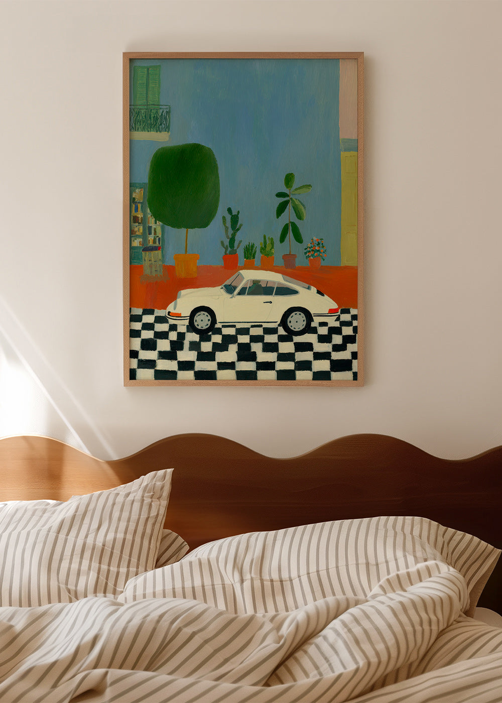 Illustration med klassisk bil og stueplanter – Product1