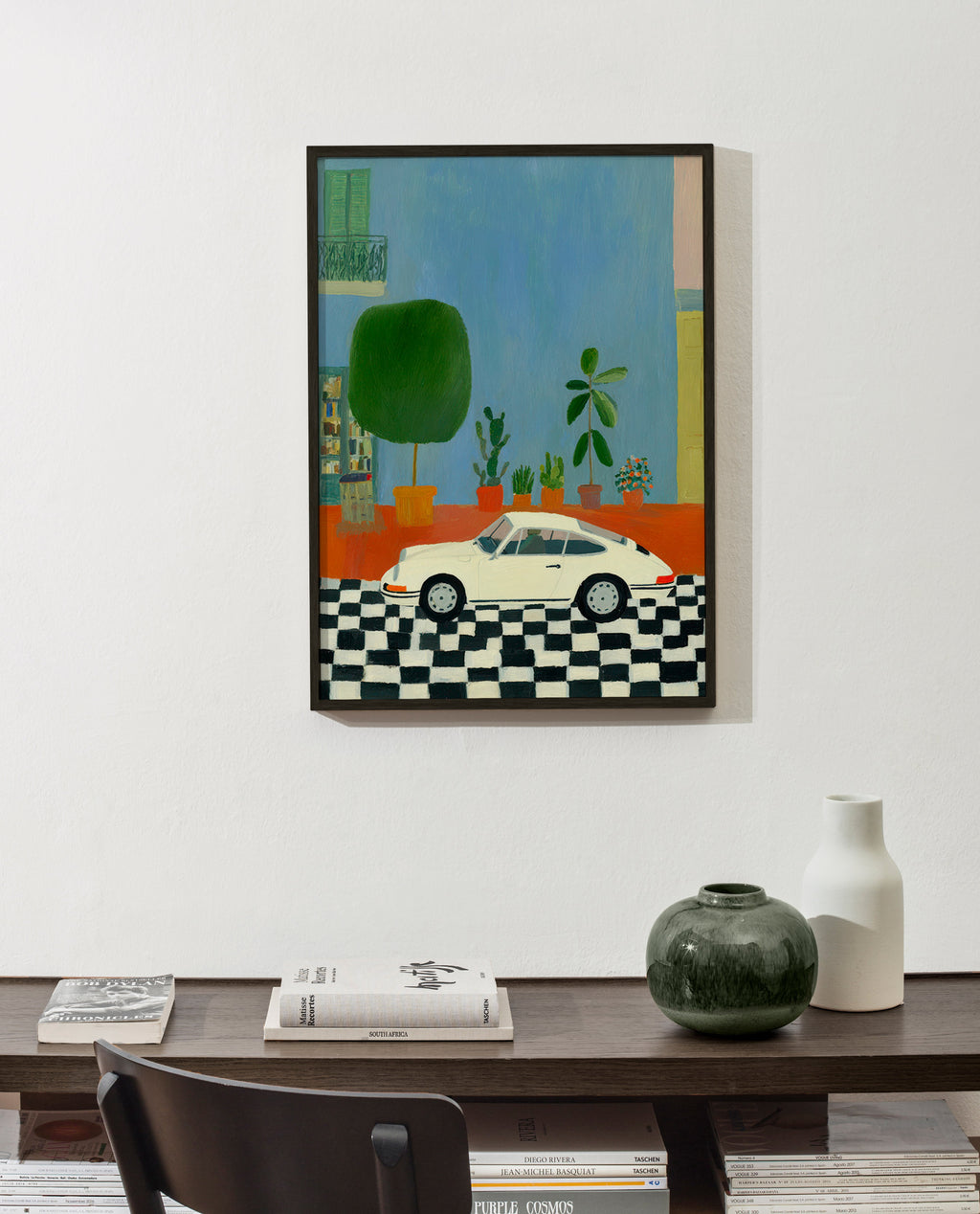 Illustration med klassisk bil og stueplanter – Product2