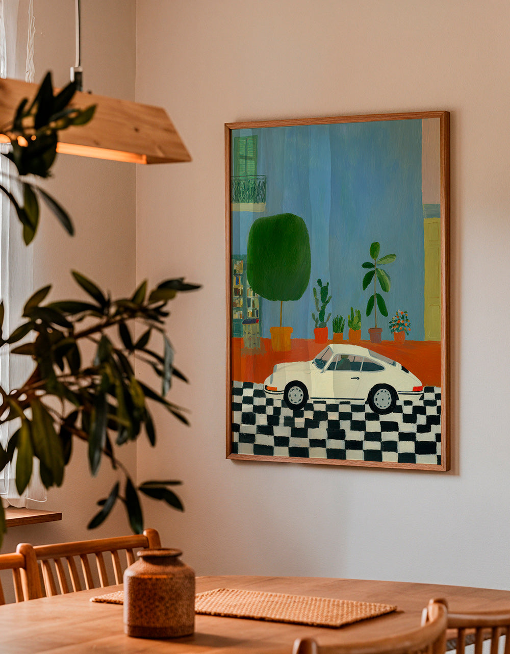 Illustration med klassisk bil og stueplanter – Product3