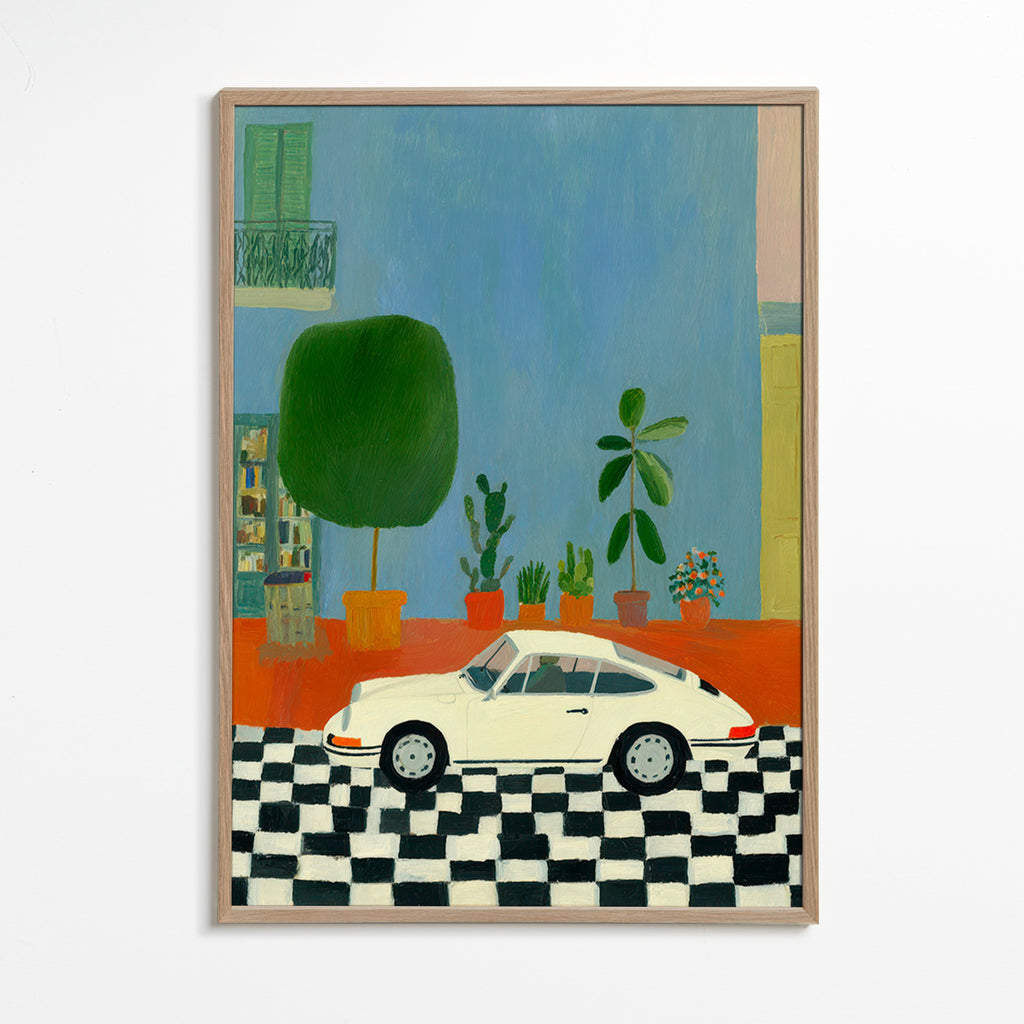 Illustration med klassisk bil og stueplanter – Oak Frame