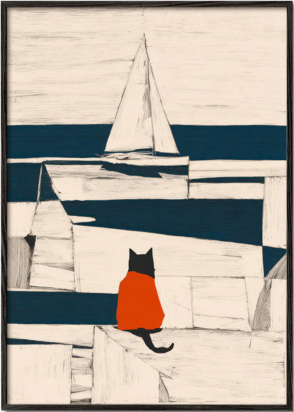 Kunstværk rød kat i havnen minimalistisk – Black Frame
