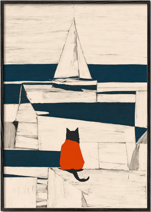Kunstværk rød kat i havnen minimalistisk – Black Frame