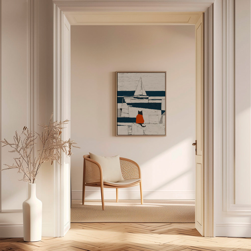 Kunstværk rød kat i havnen minimalistisk – Canvas1