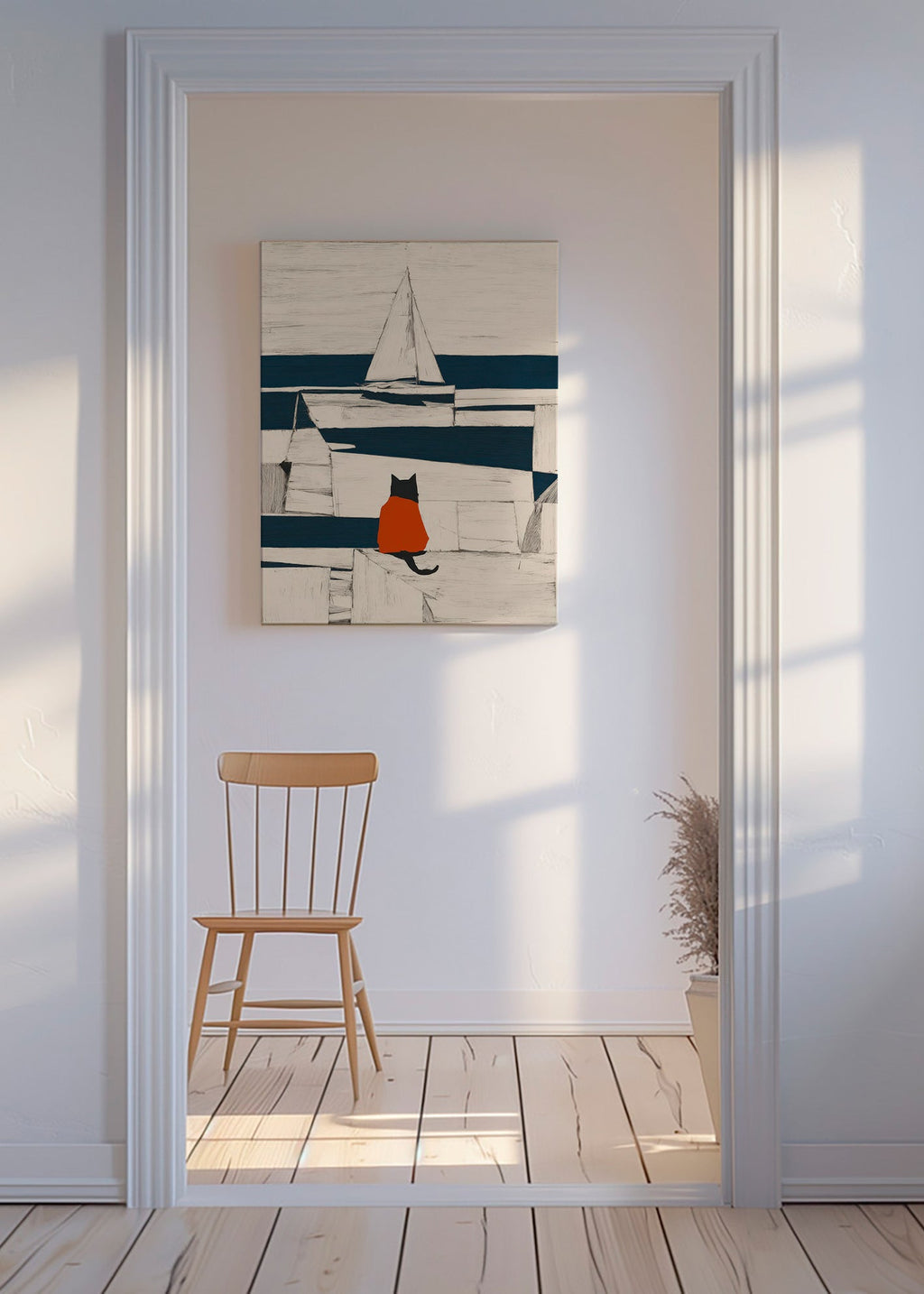 Kunstværk rød kat i havnen minimalistisk – Canvas