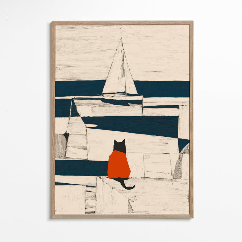 Kunstværk rød kat i havnen minimalistisk – Oak Frame