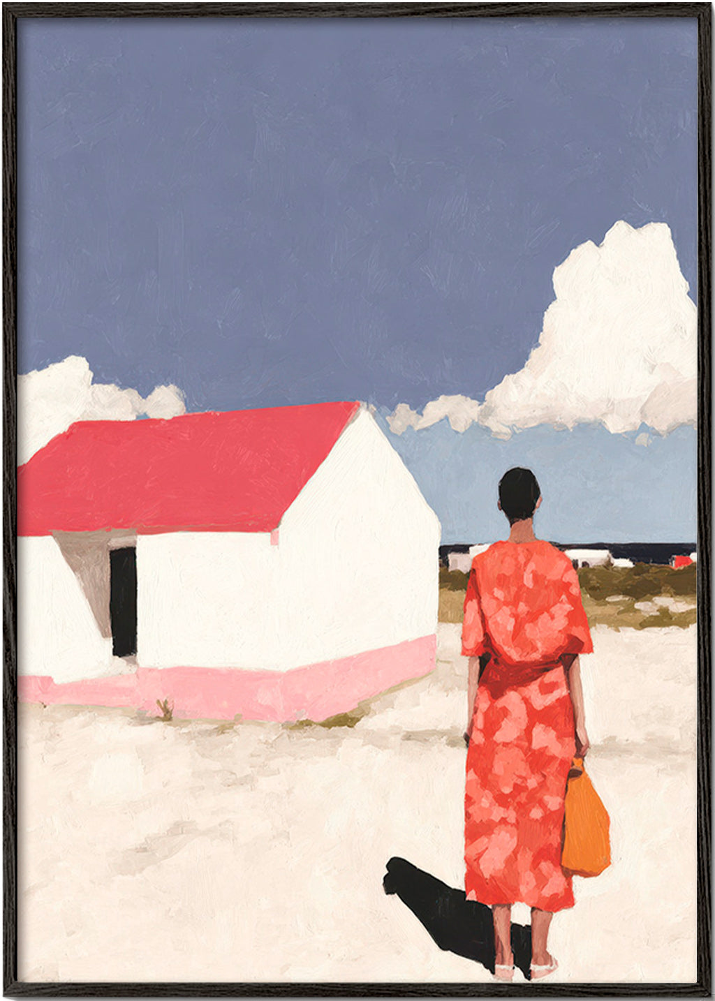 Landskabsværk med figur og rødt hus – Black Frame