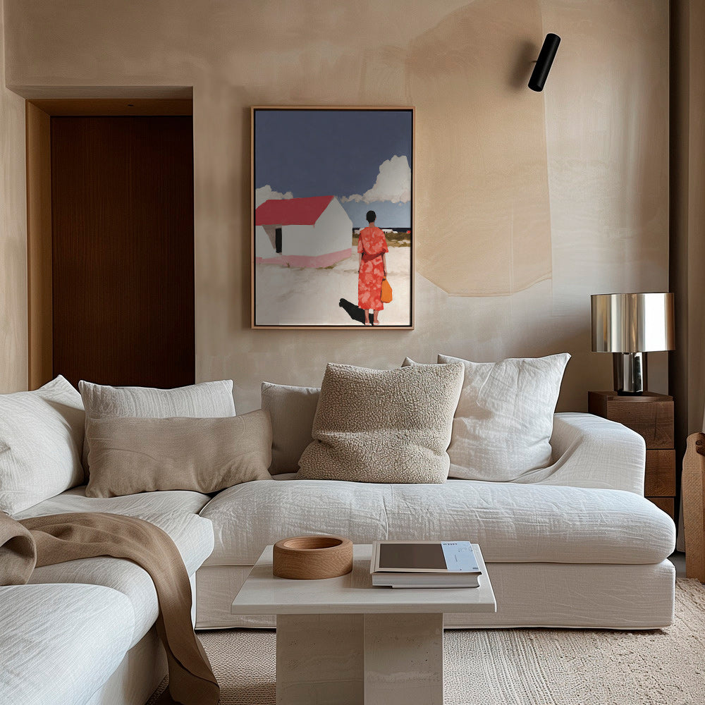 Landskabsværk med figur og rødt hus – Canvas1