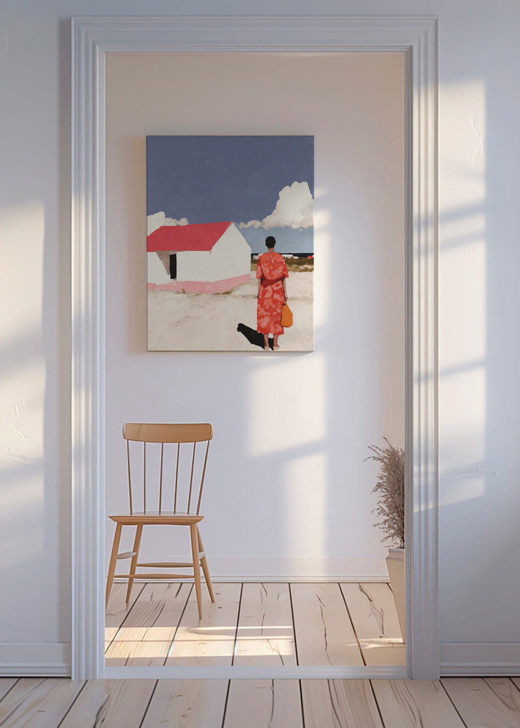 Landskabsværk med figur og rødt hus – Canvas
