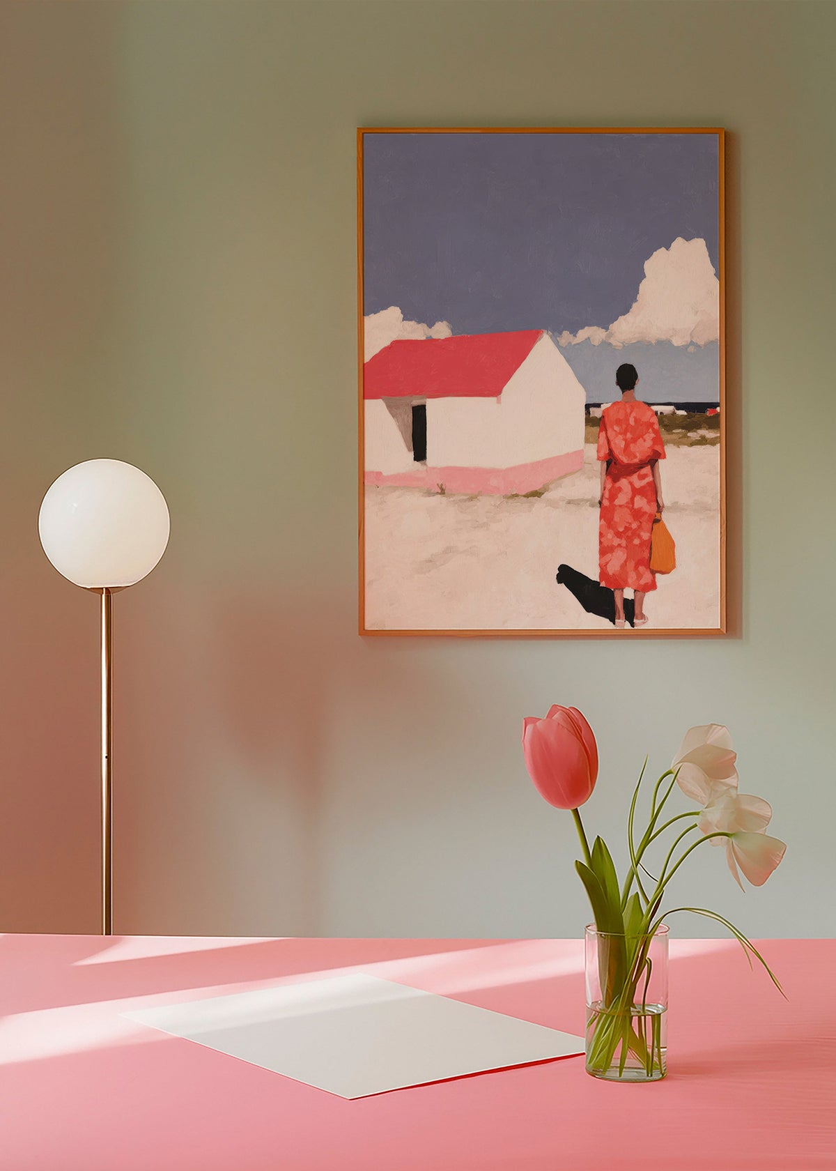 Landskabsværk med figur og rødt hus – Product1