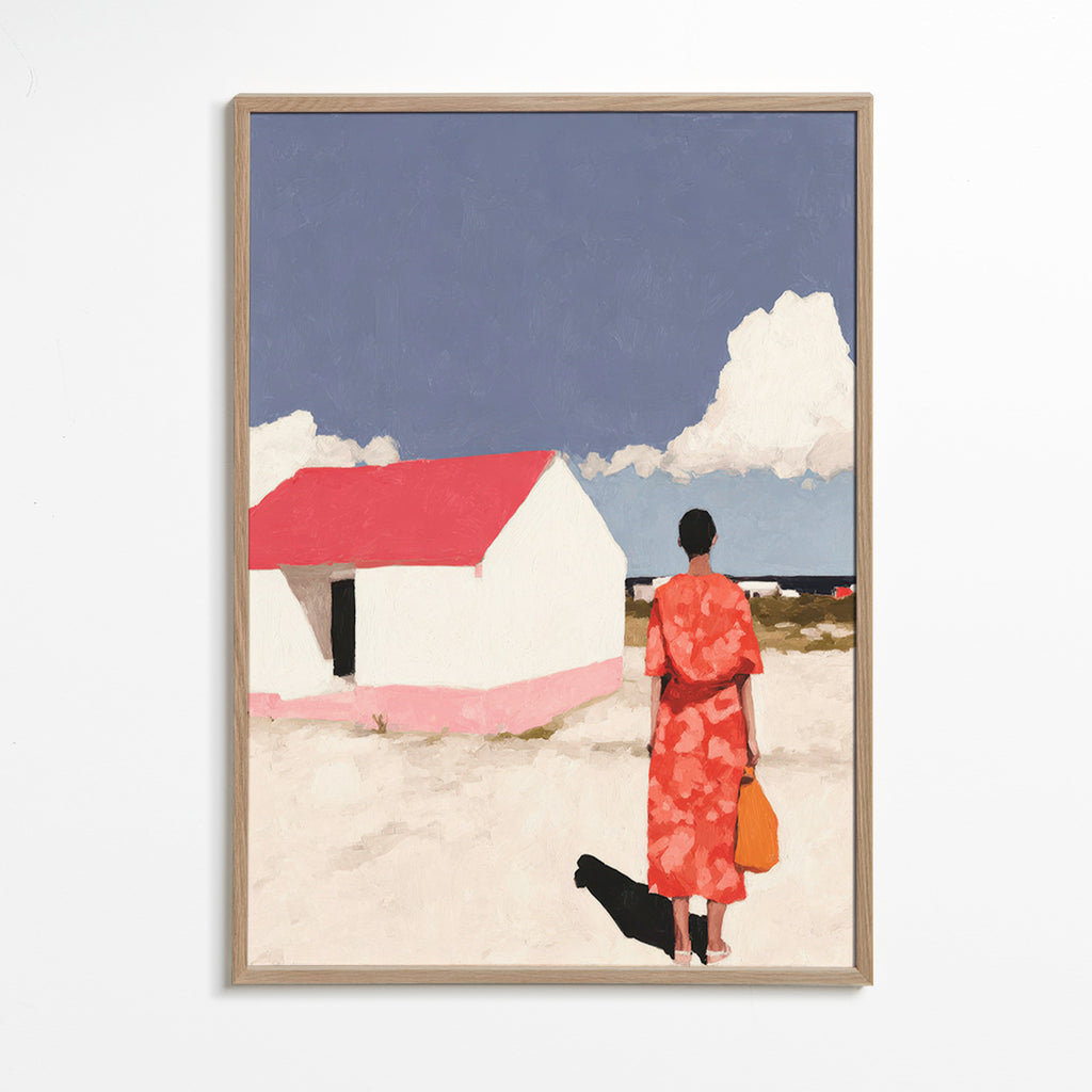 Landskabsværk med figur og rødt hus – Oak Frame