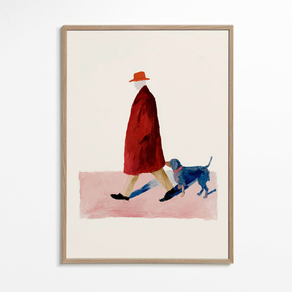 Illustration af gående med rød frakke – Oak Frame