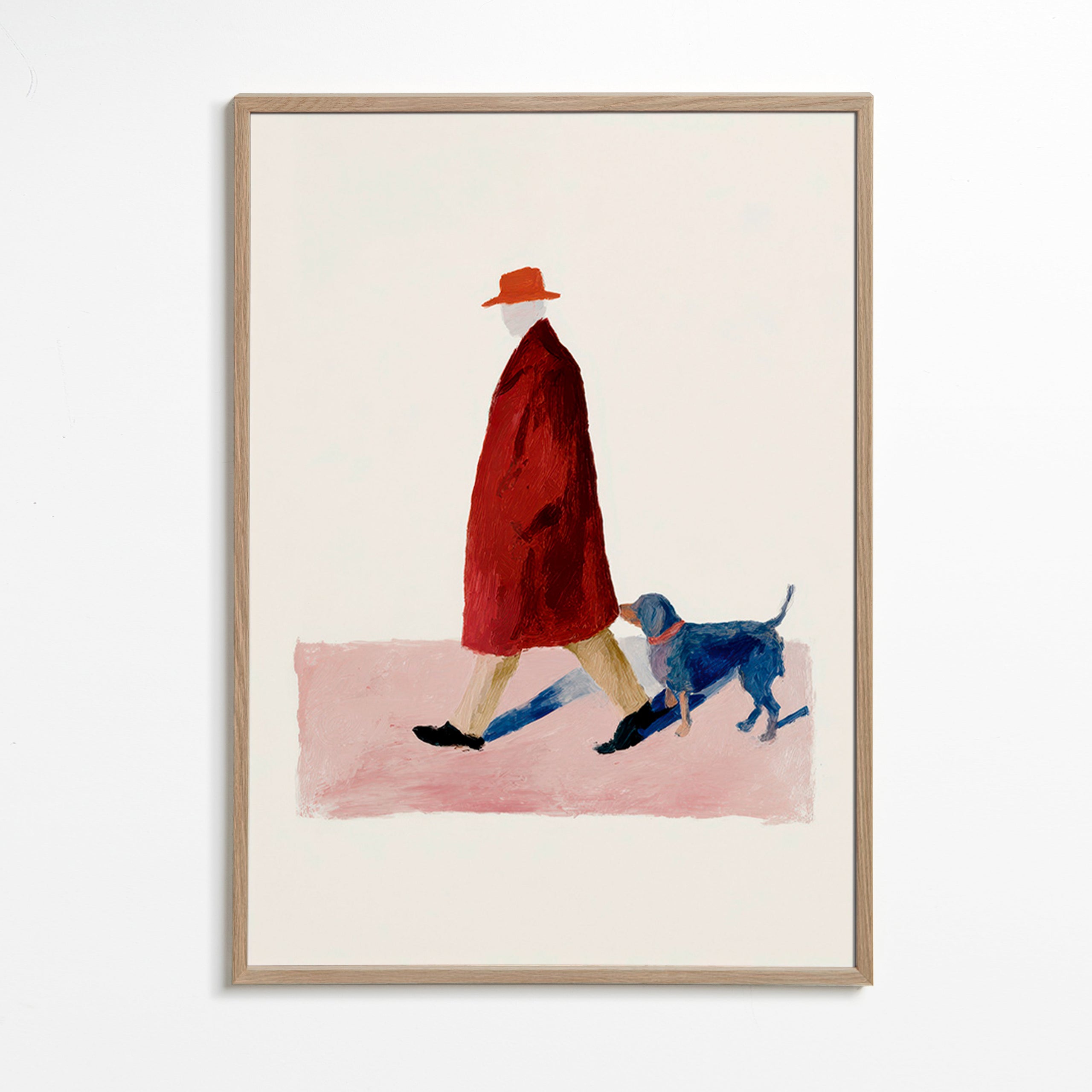 Illustration af gående med rød frakke – Oak Frame