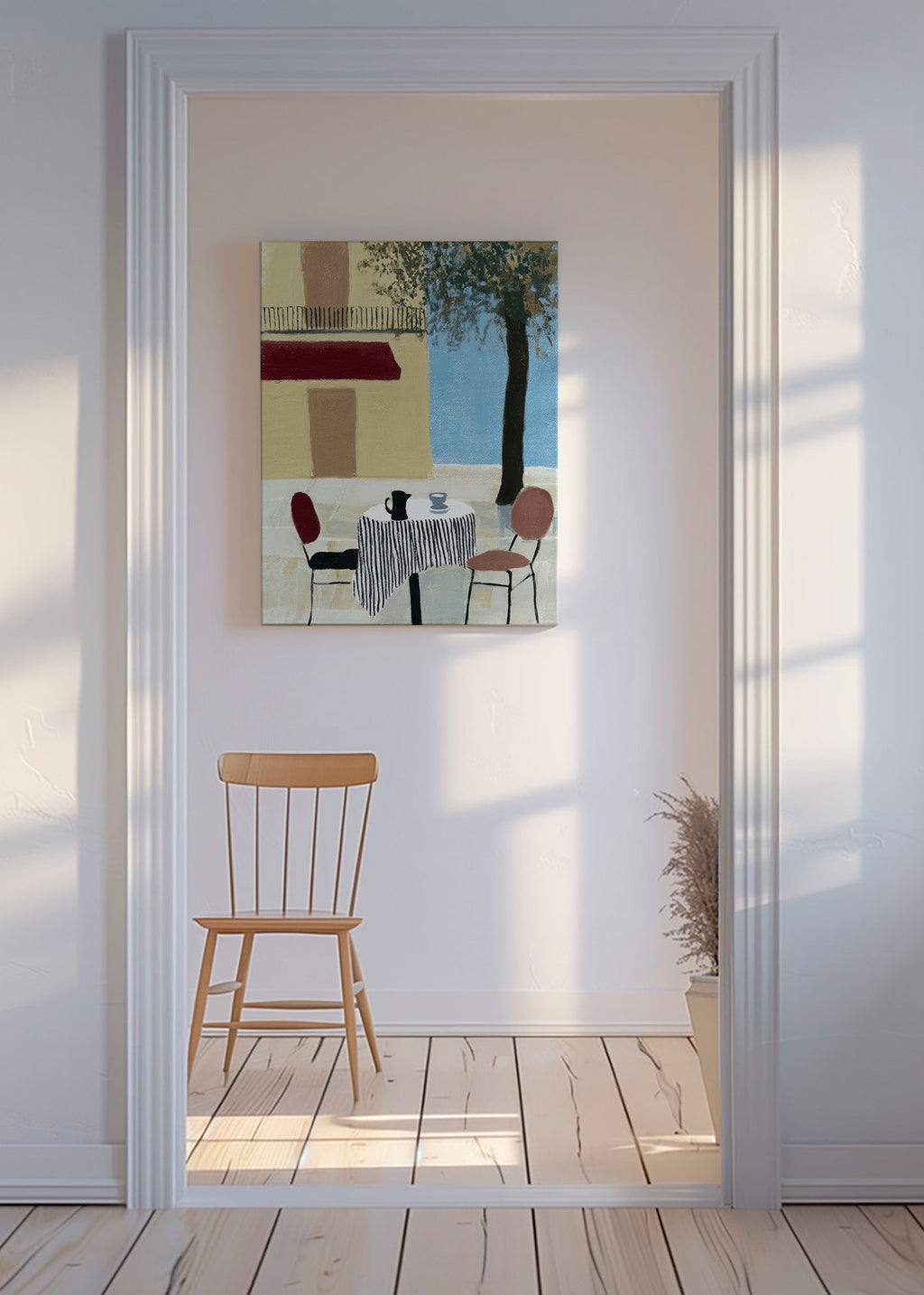 Køkkenkunst: terrassbord under rød markise – Canvas