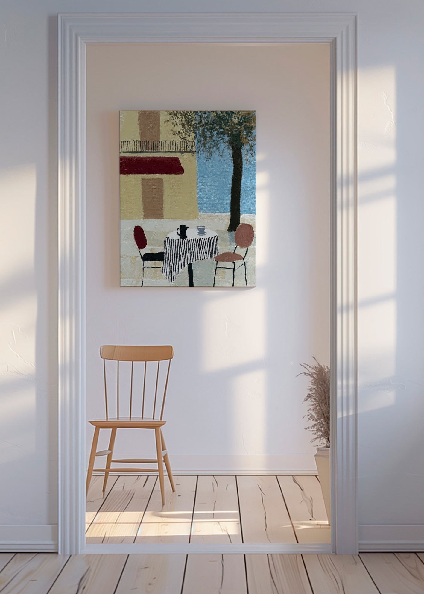 Køkkenkunst: terrassbord under rød markise – Canvas