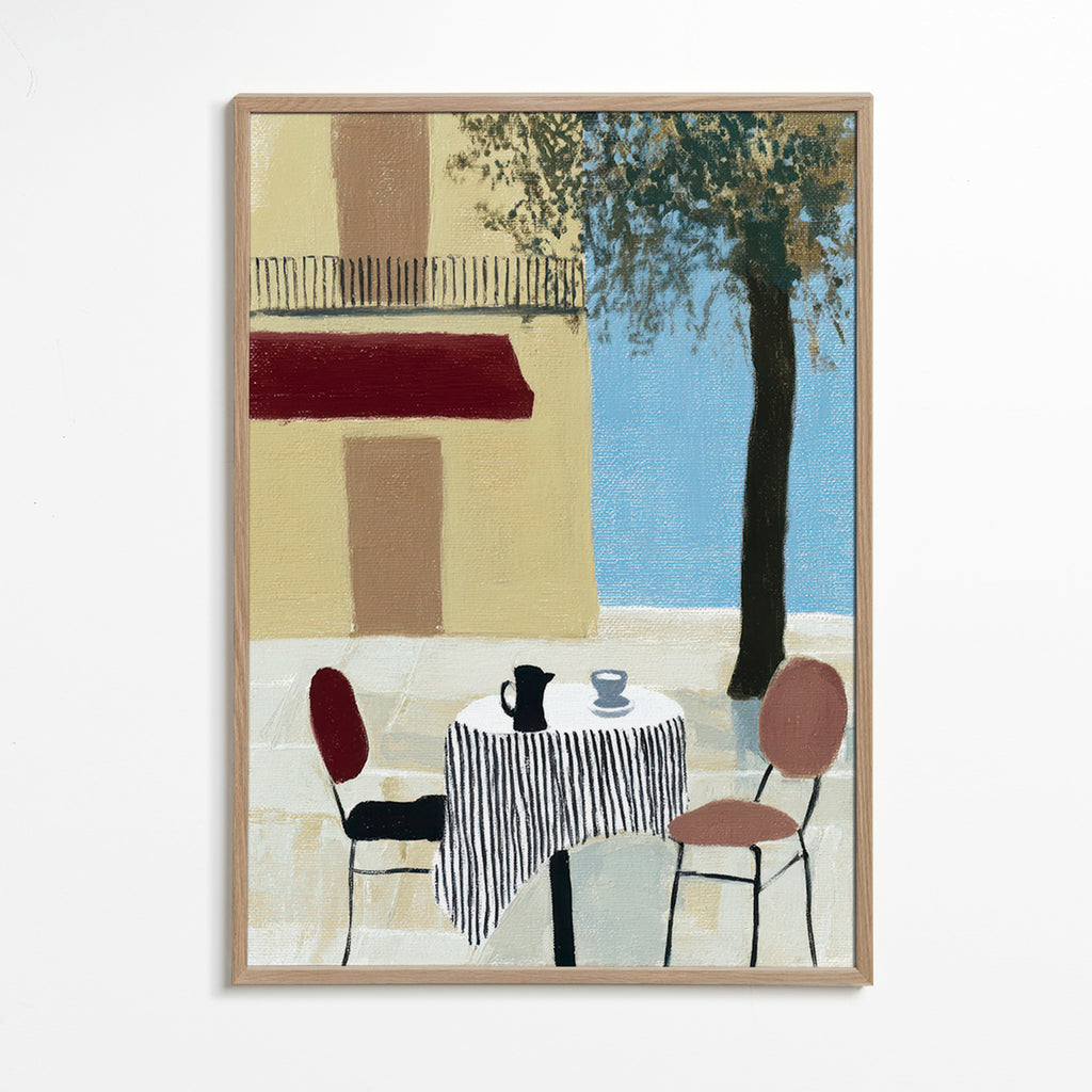 Køkkenkunst: terrassbord under rød markise – Oak Frame