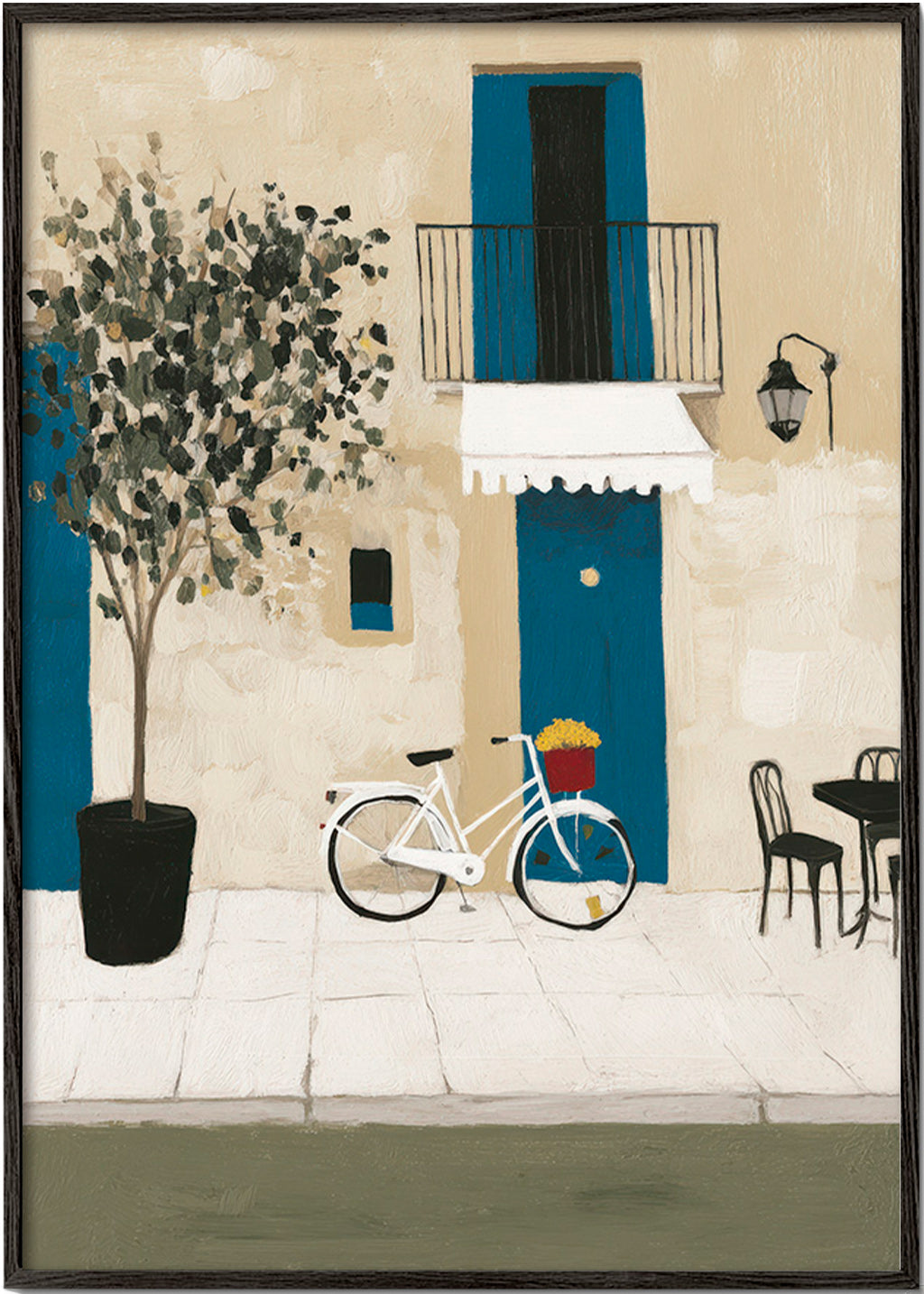 Illustration: cykel ved blå dør – Black Frame