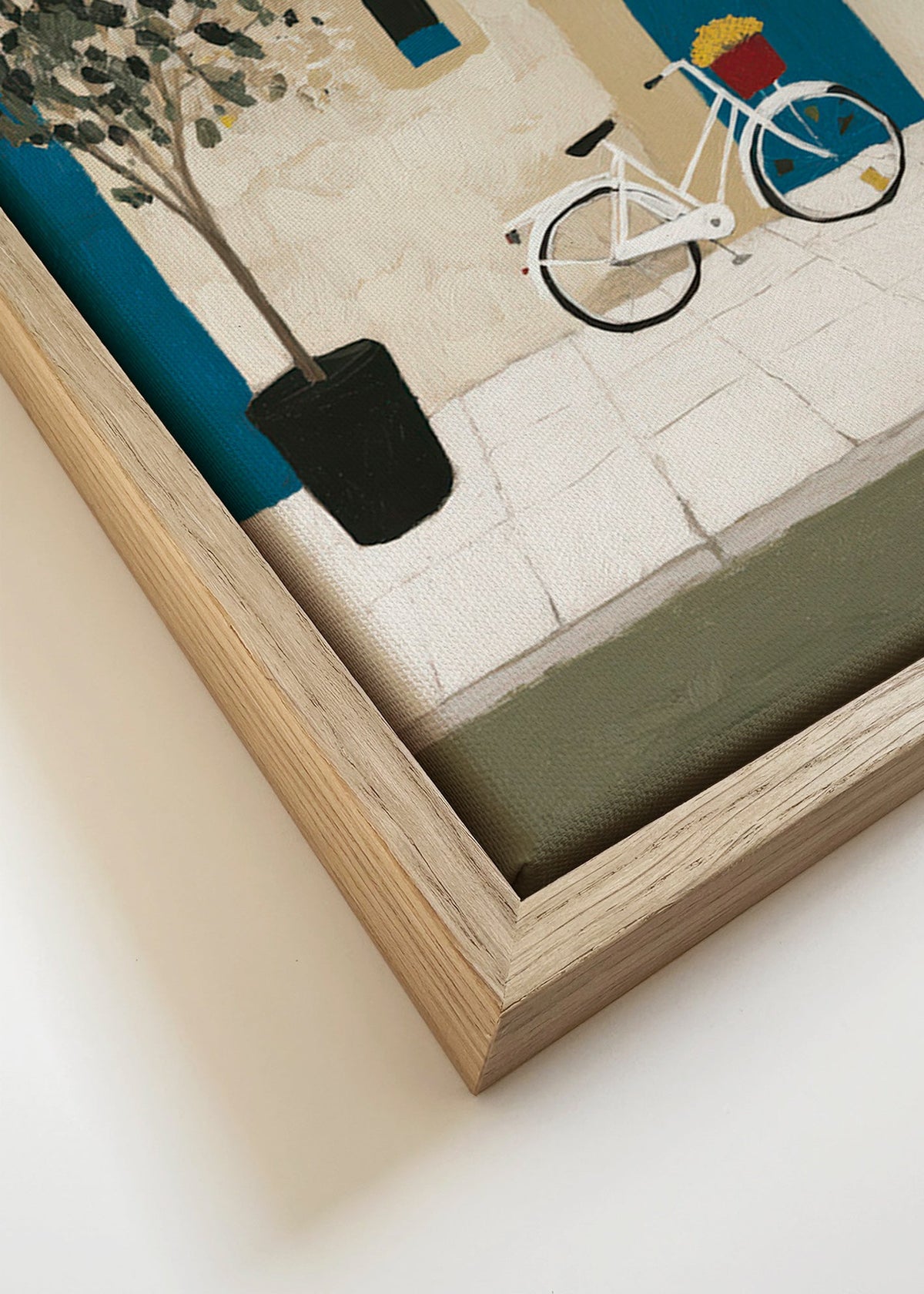 Illustration: cykel ved blå dør – Canvas detail