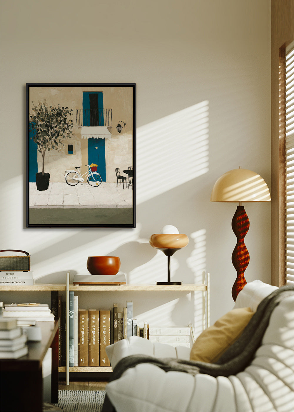 Illustration: cykel ved blå dør – Canvas2