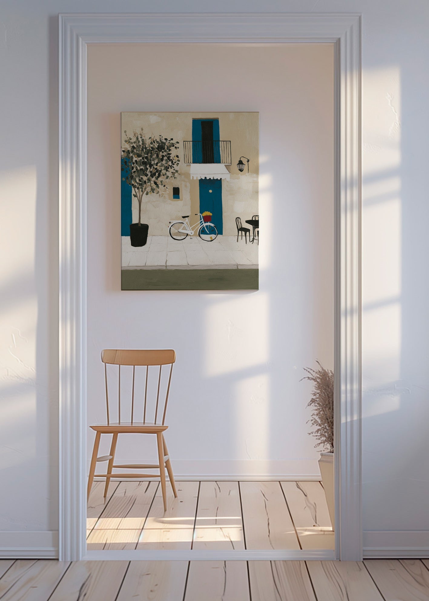 Illustration: cykel ved blå dør – Canvas