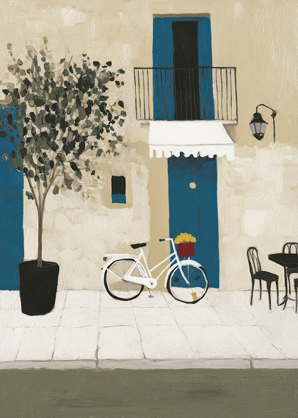 Illustration: cykel ved blå dør