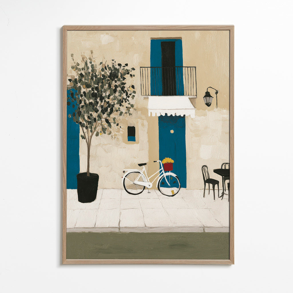 Illustration: cykel ved blå dør – Oak Frame