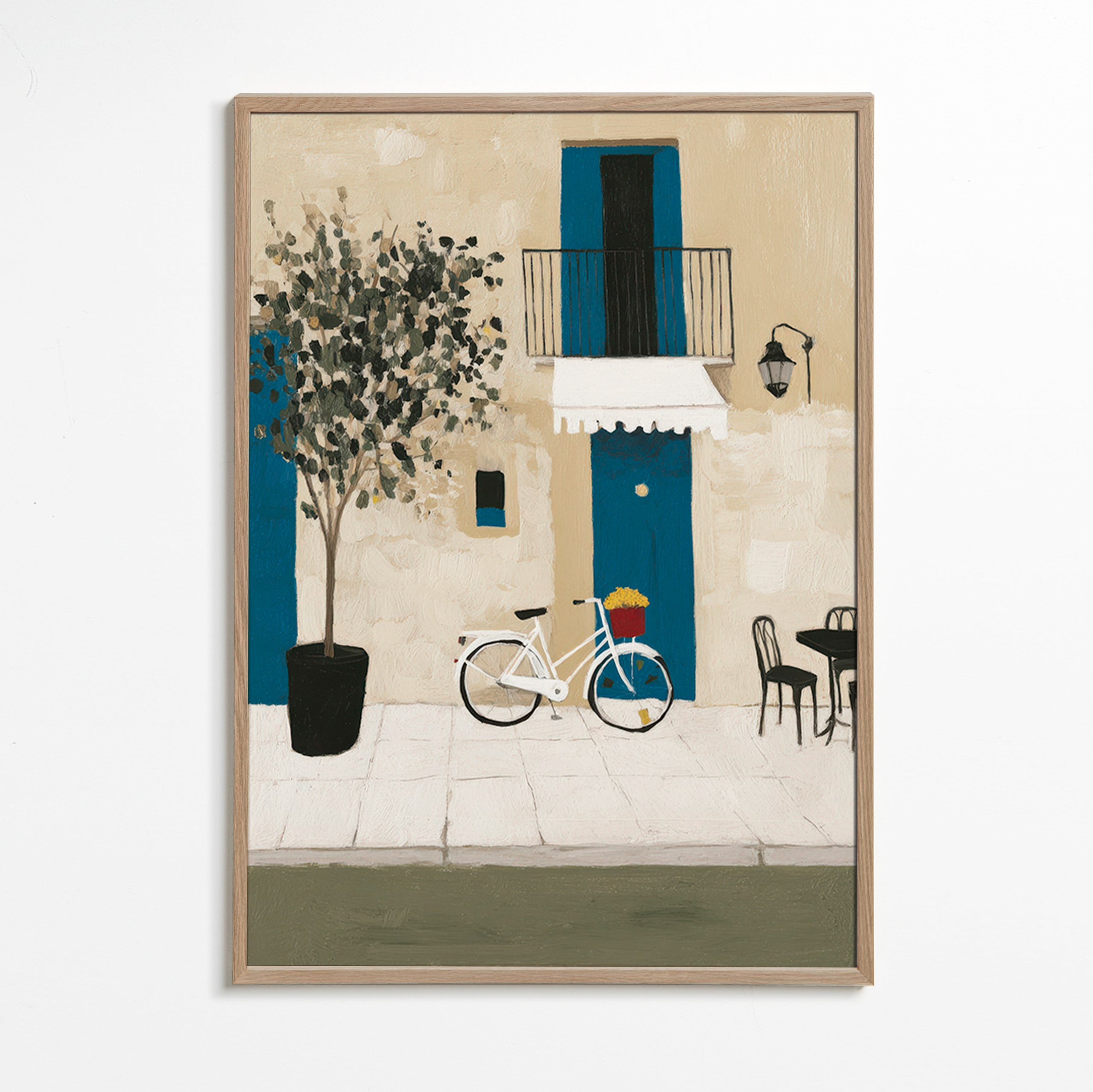 Illustration: cykel ved blå dør – Oak Frame