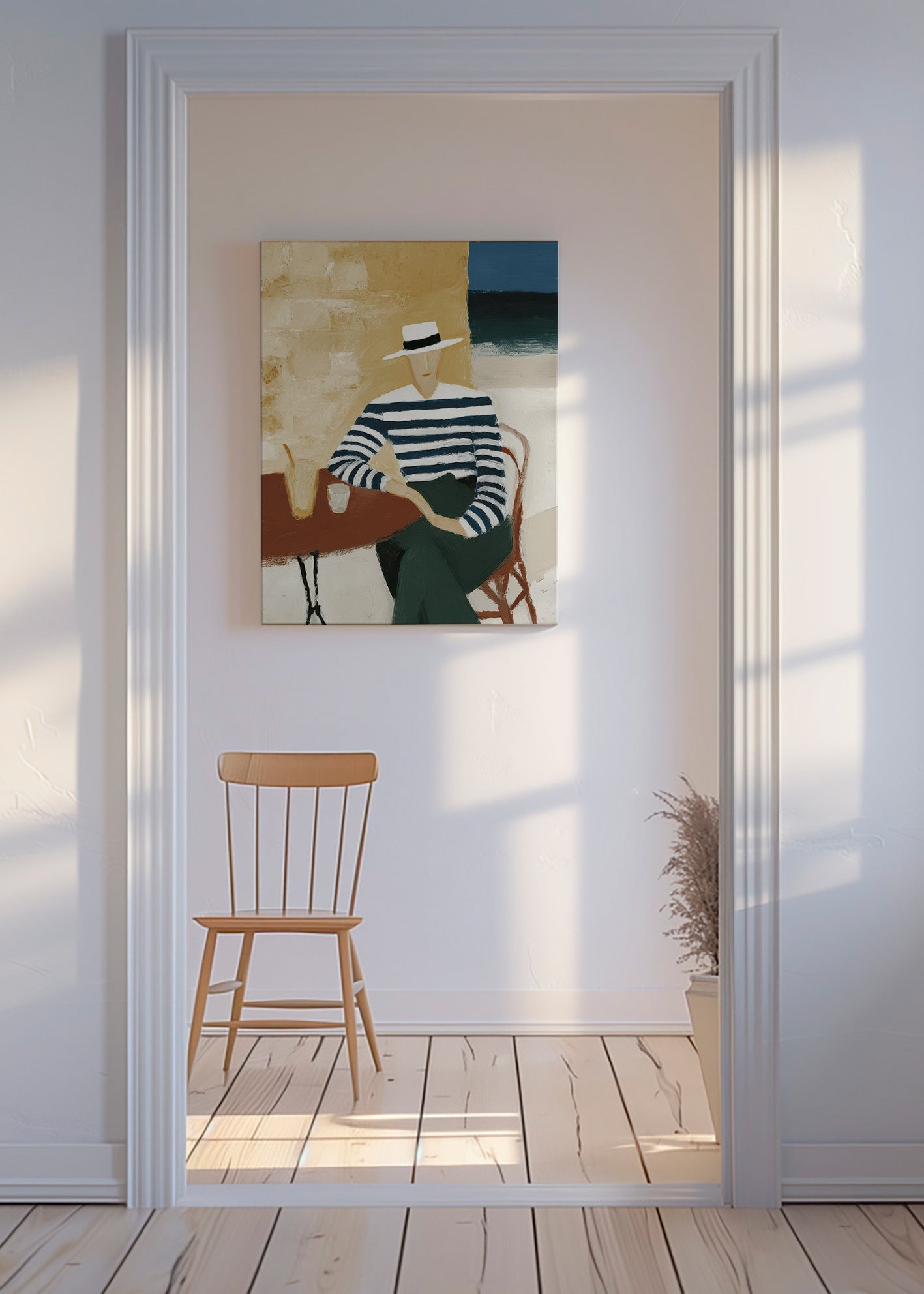Køkkenkunst med stribet figur ved havet – Canvas