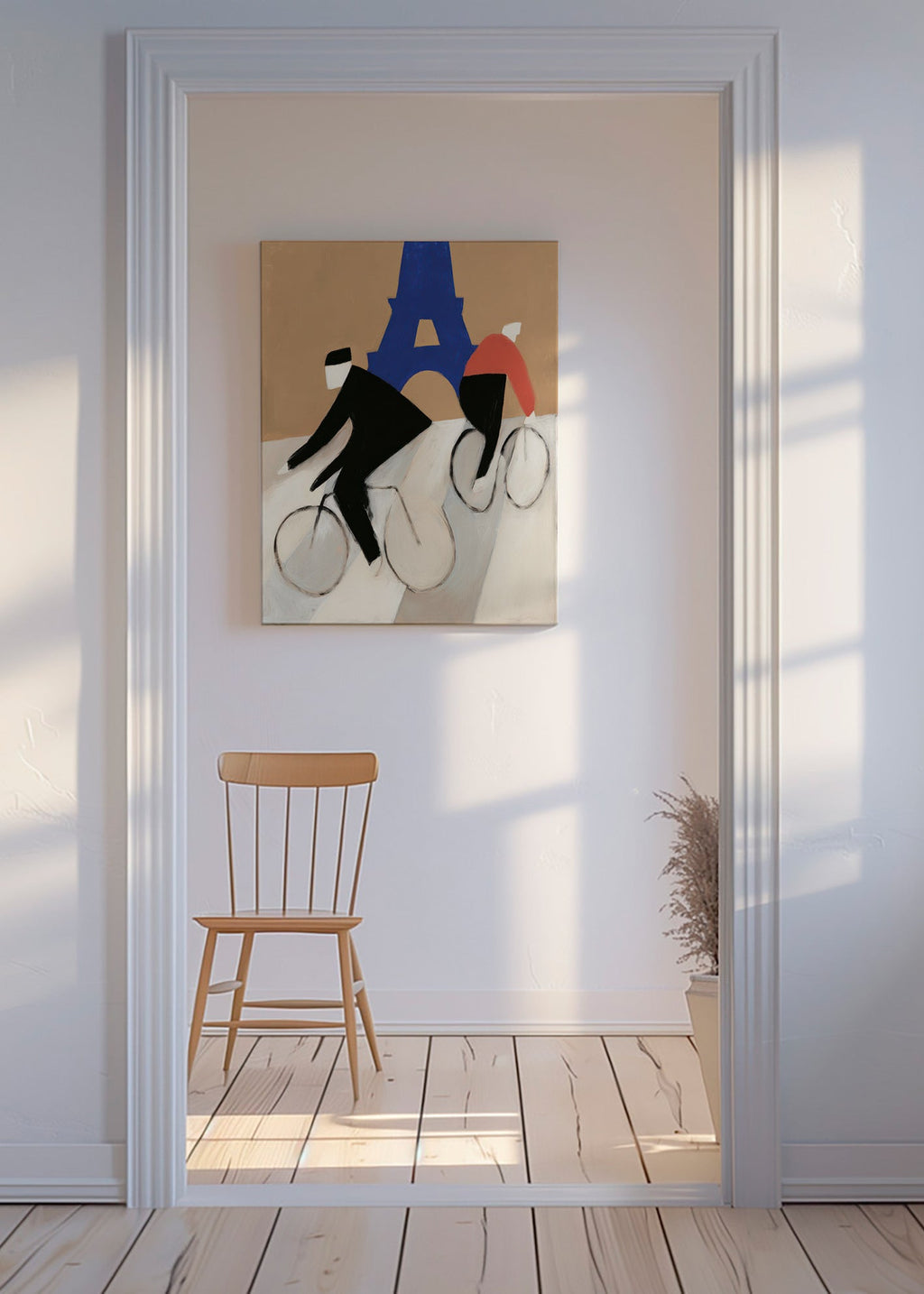 Bybillede med cyklister foran Eiffeltårnet – Canvas