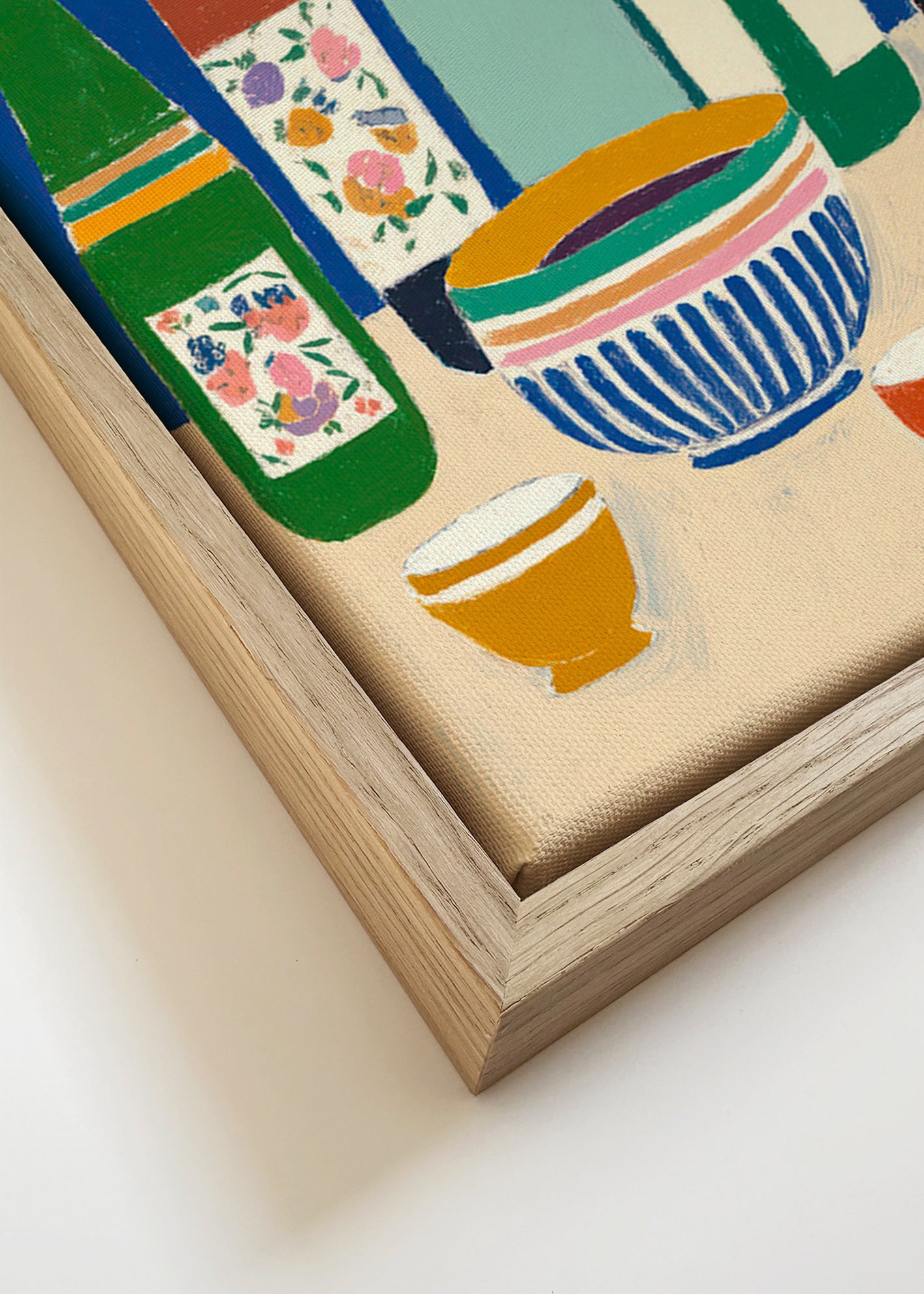 Køkkenkunst med flasker og skåle – Canvas detail