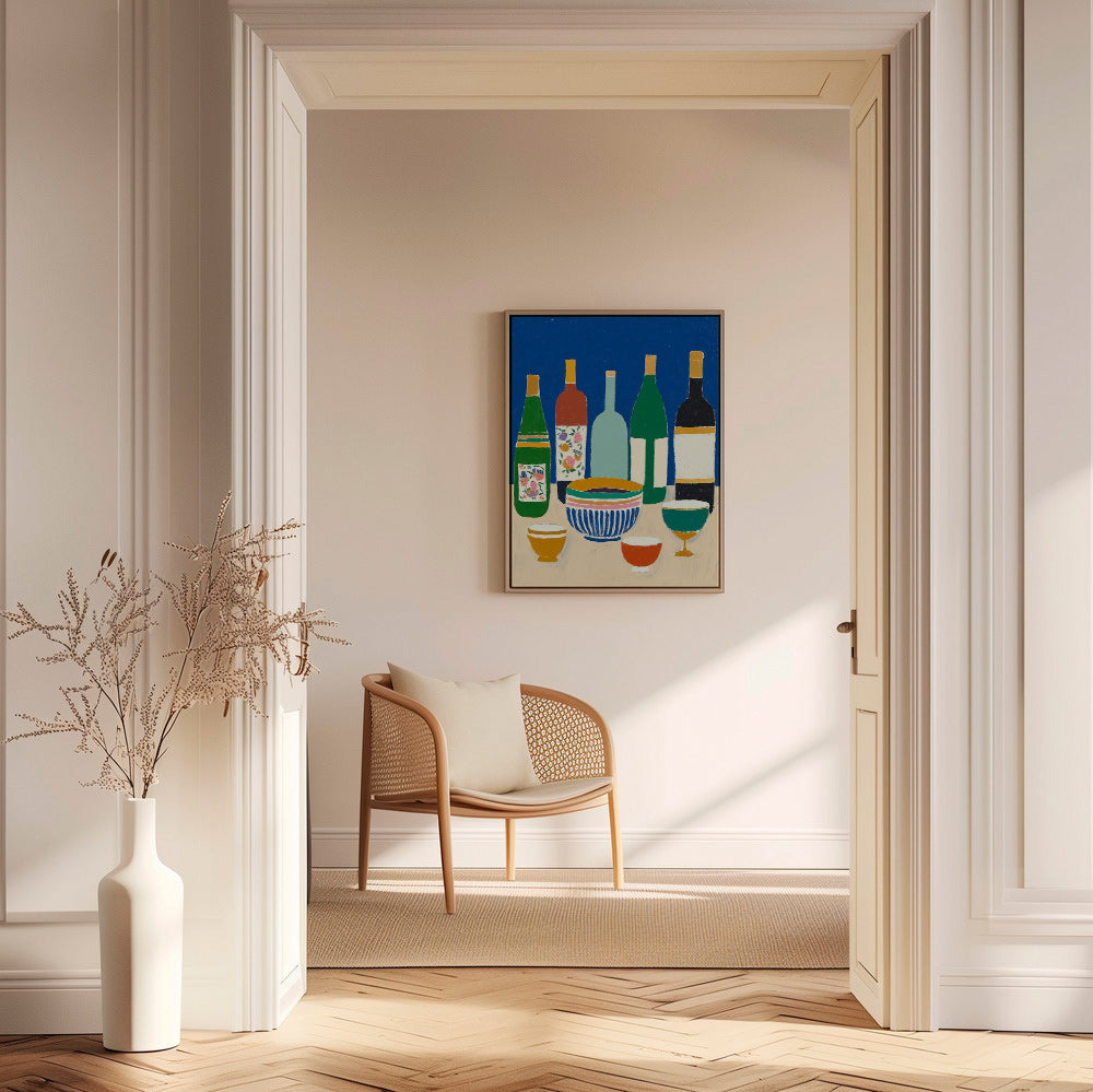 Køkkenkunst med flasker og skåle – Canvas2
