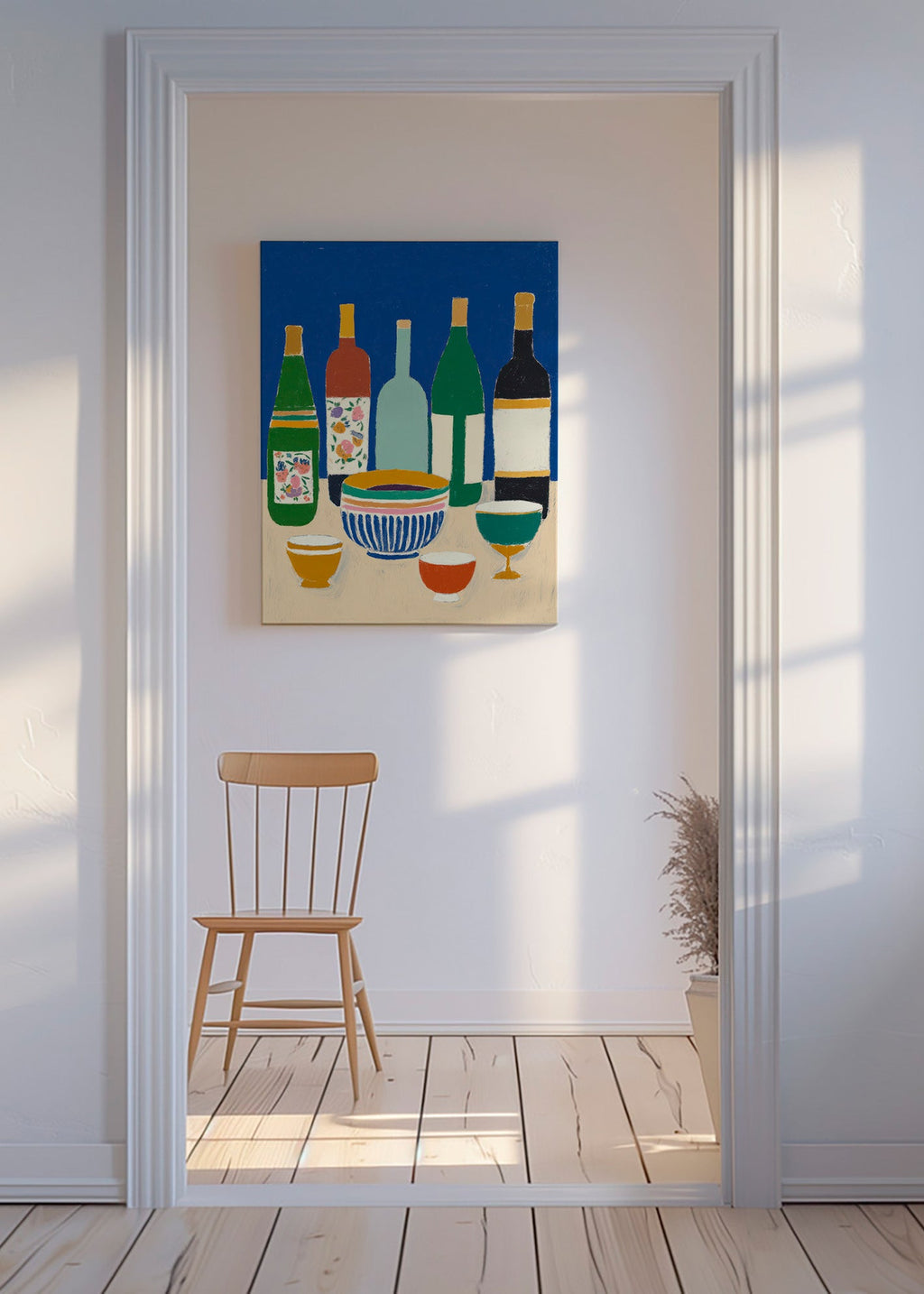 Køkkenkunst med flasker og skåle – Canvas