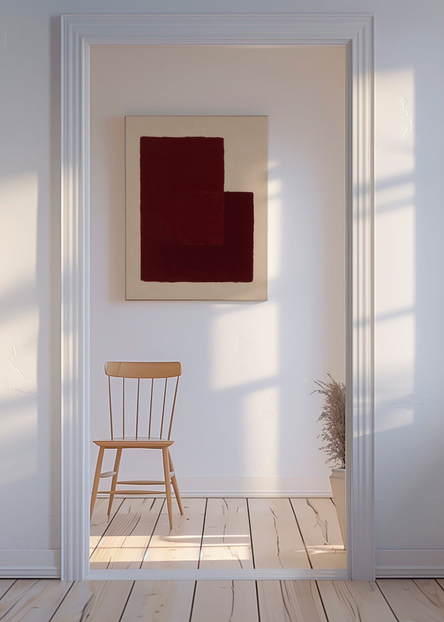Granatrødt abstrakt værk med stakkede rektangler – Canvas