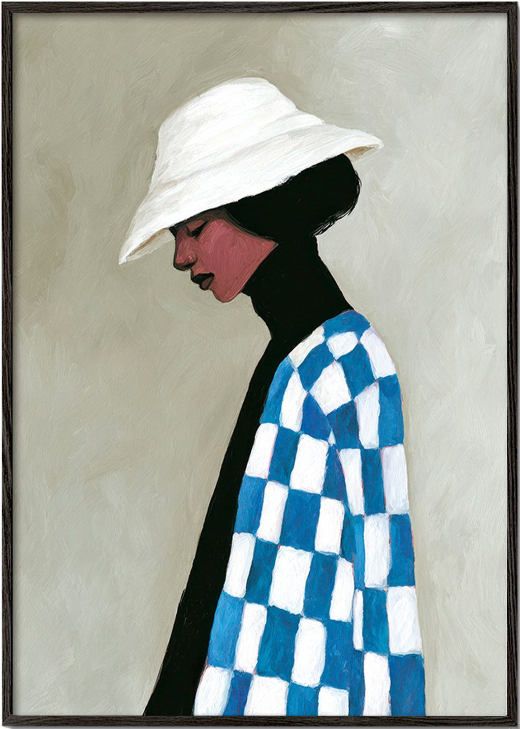 Illustration profil kvinde med hat og ternet jakke – Black Frame