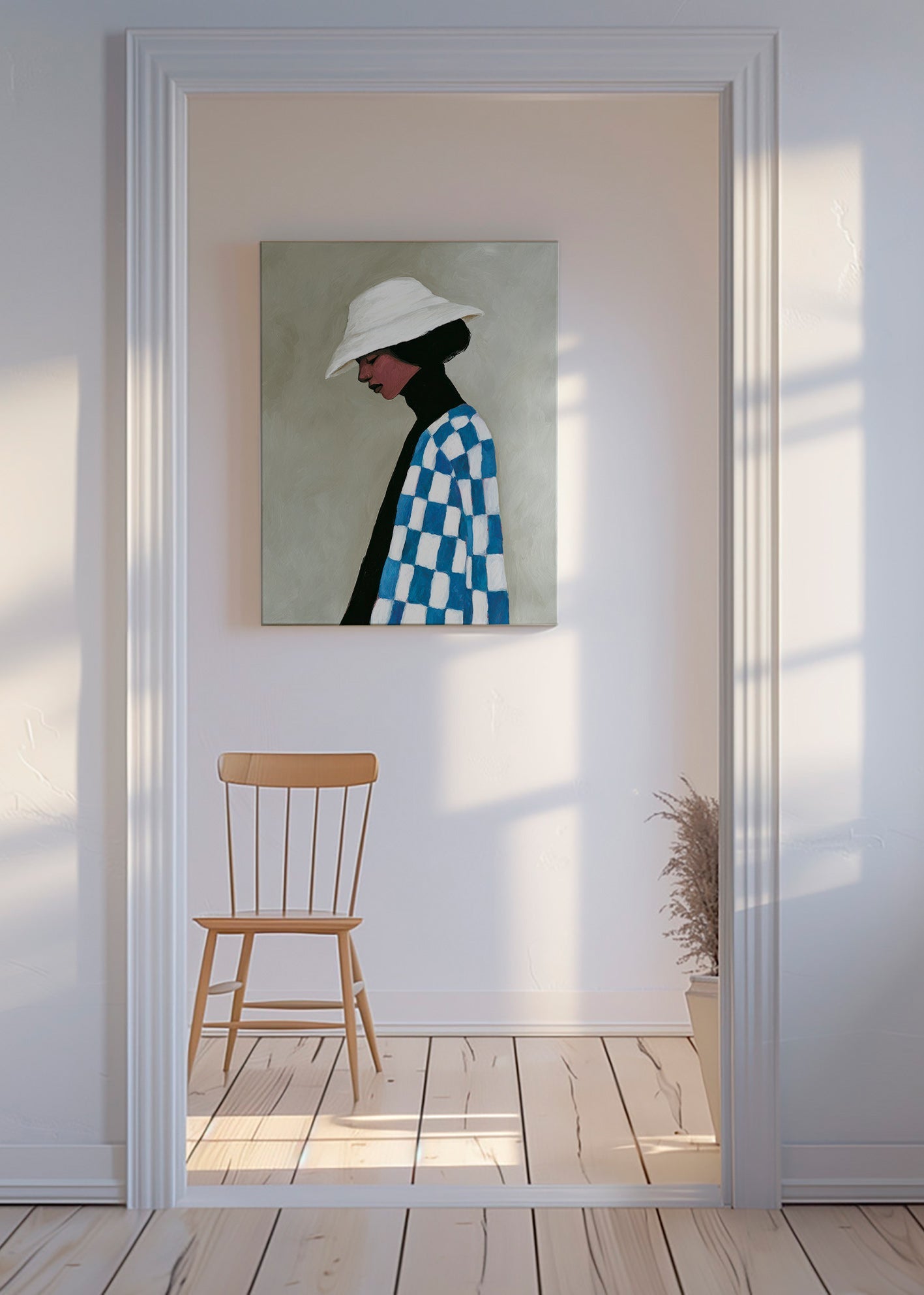 Illustration profil kvinde med hat og ternet jakke – Canvas