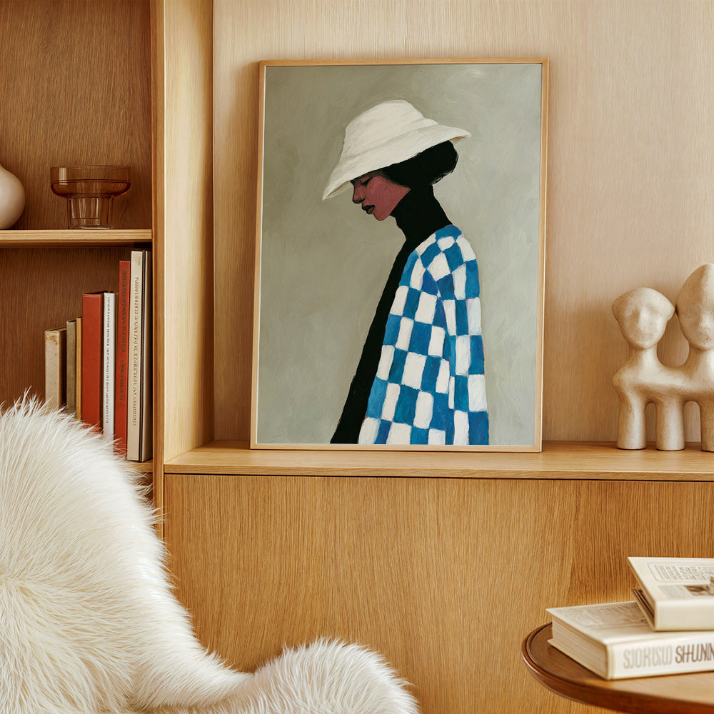 Illustration profil kvinde med hat og ternet jakke – Product2