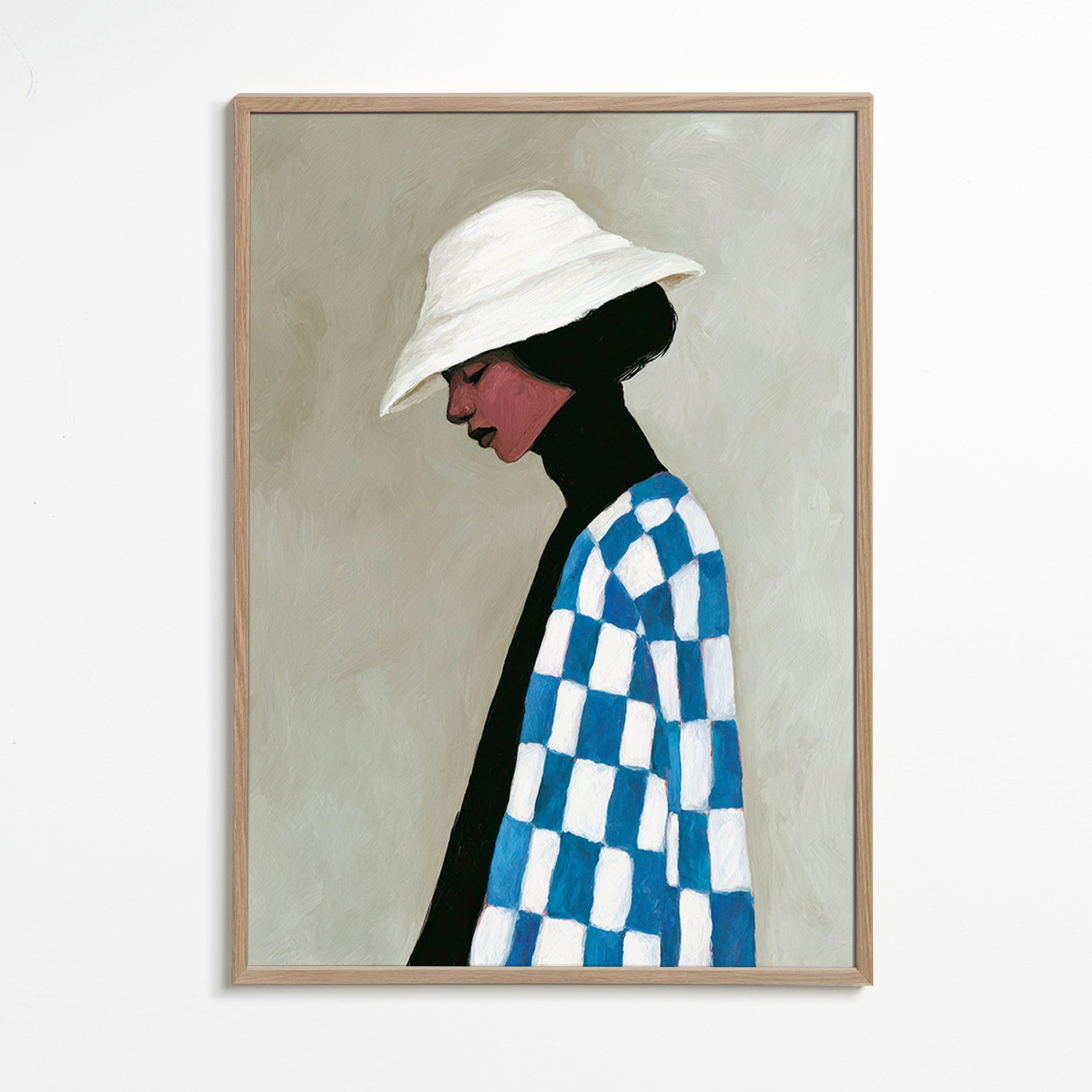 Illustration profil kvinde med hat og ternet jakke – Oak Frame