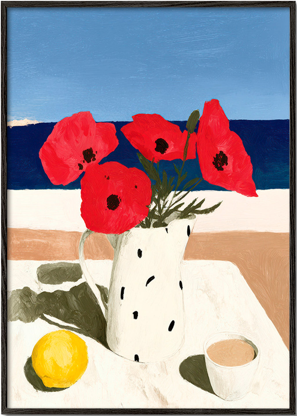 Botanisk plakat valmuer ved havet – Black Frame