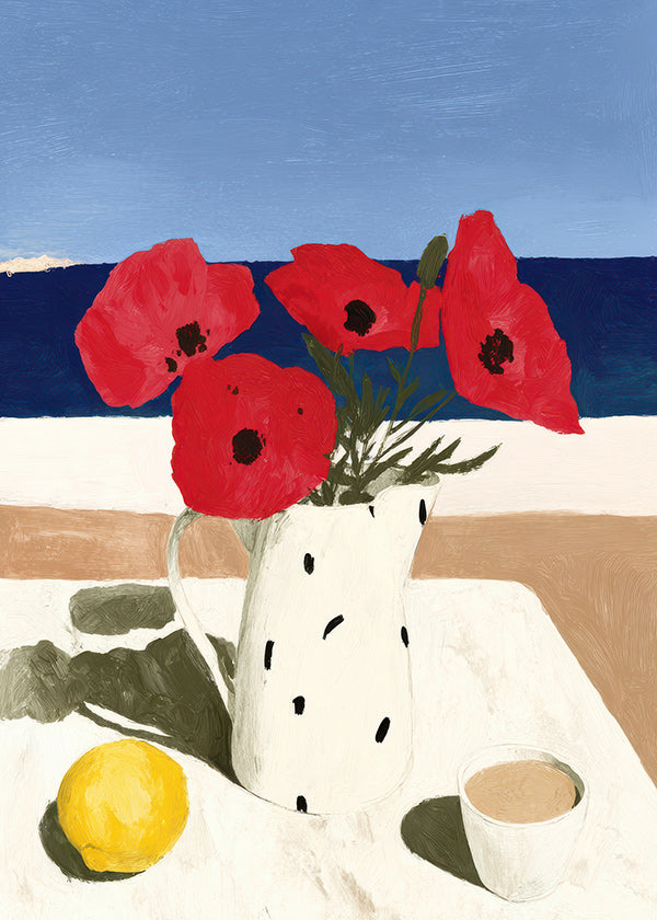 Botanisk plakat valmuer ved havet