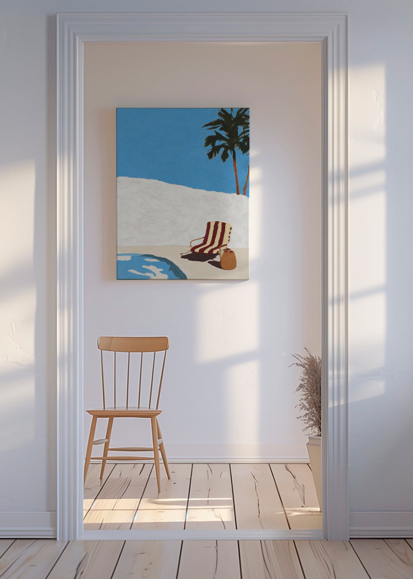 Landskabskunst med liggestol ved poolen og palme – Canvas