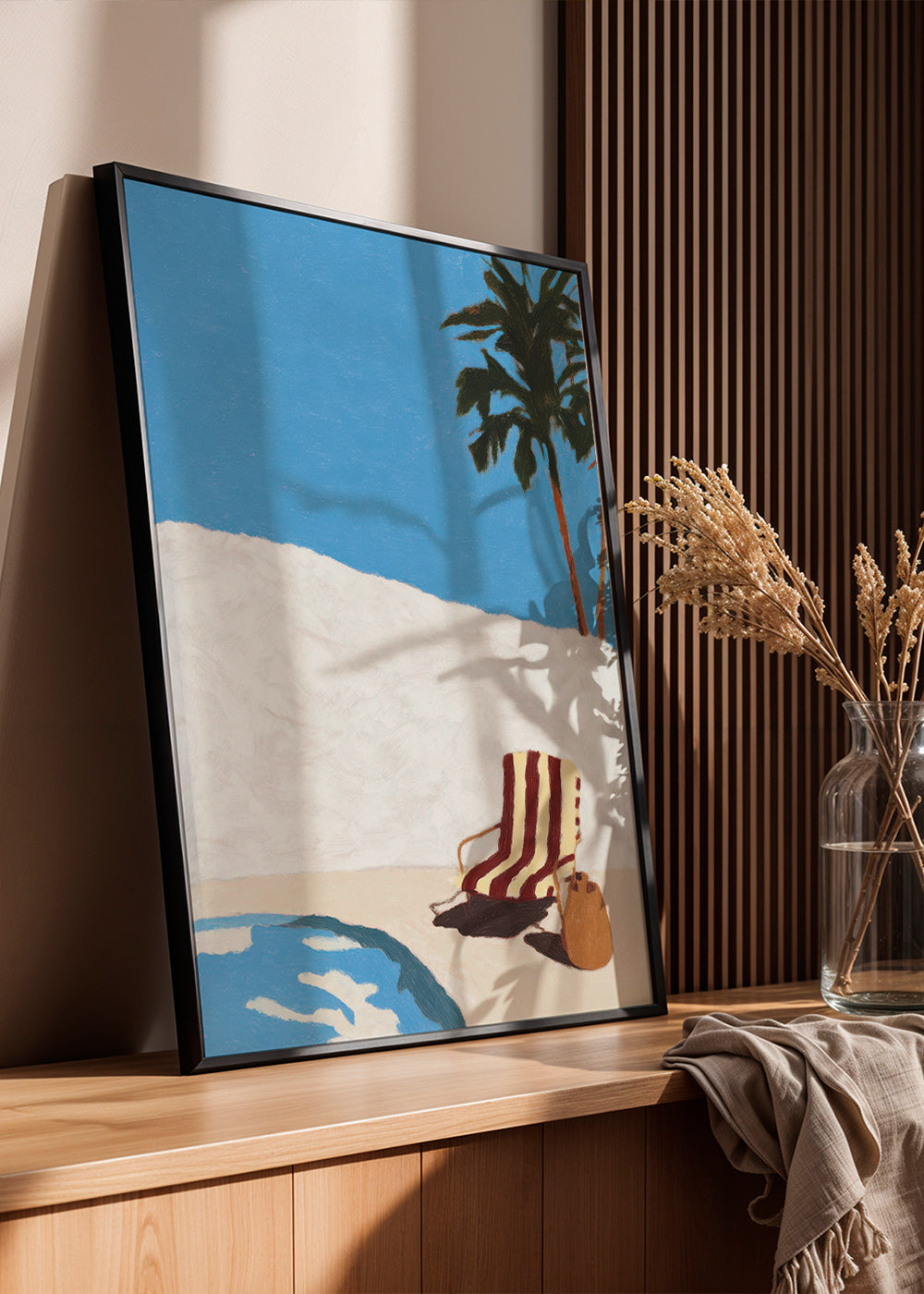Landskabskunst med liggestol ved poolen og palme – Product1