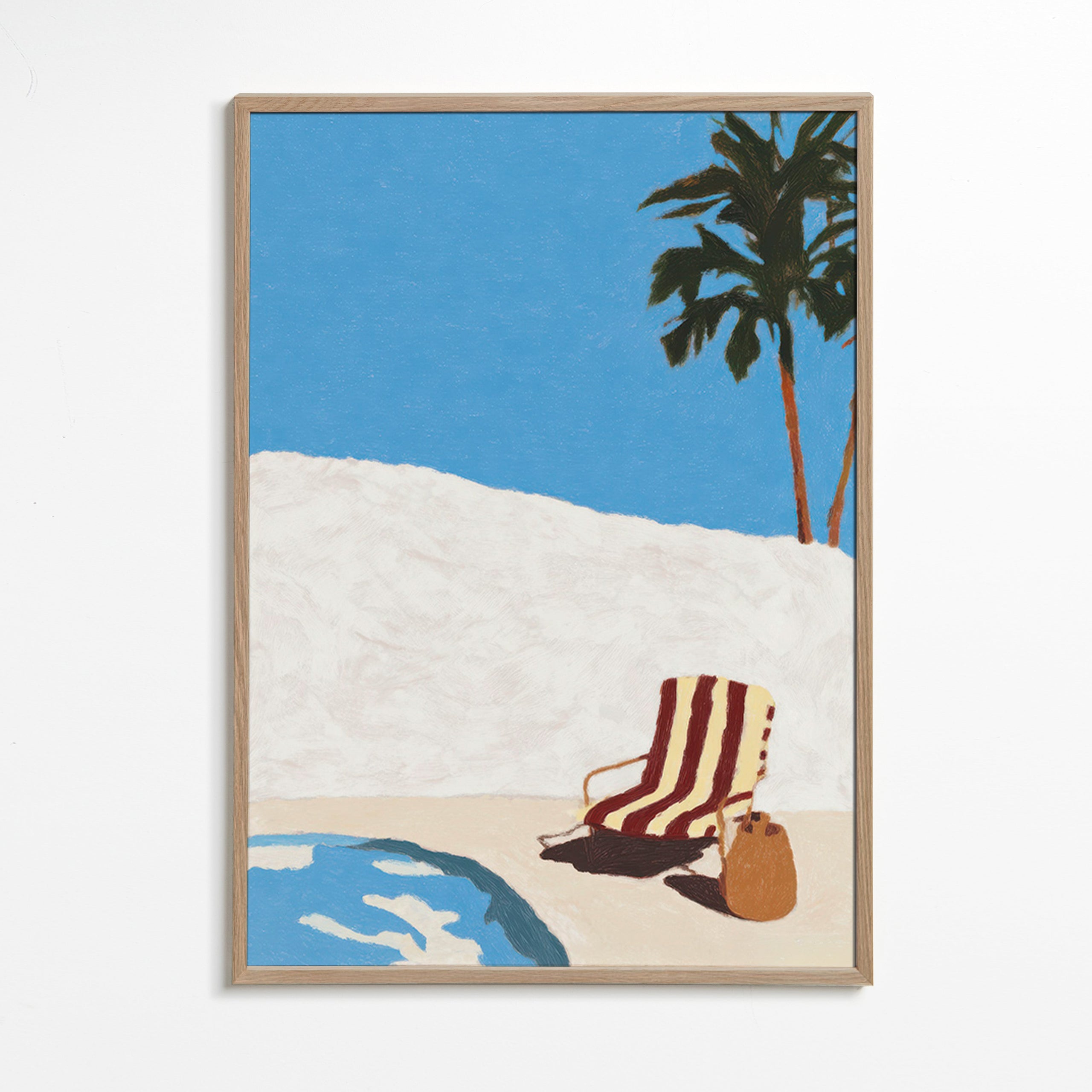 Landskabskunst med liggestol ved poolen og palme – Oak Frame