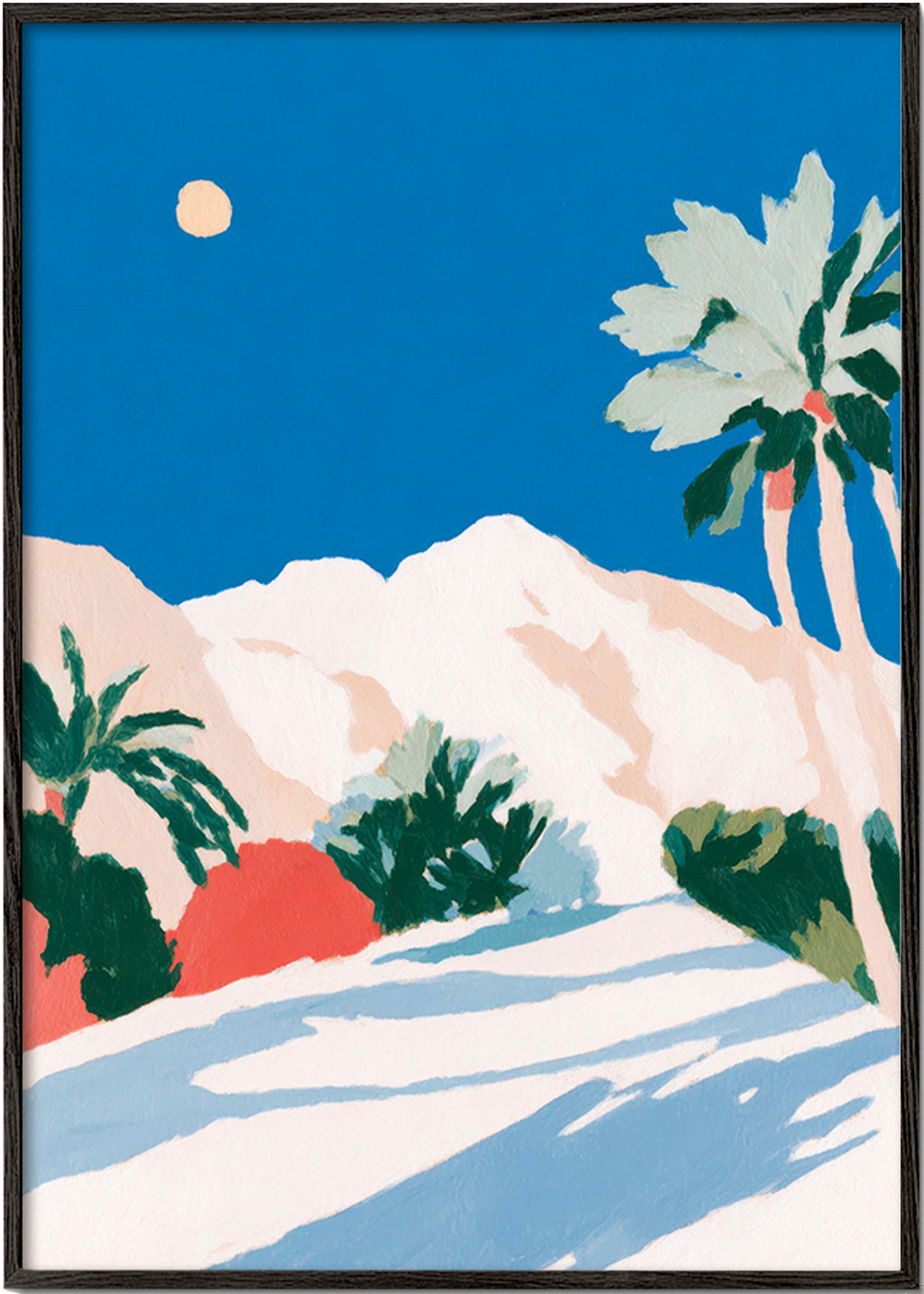 Botanisk plakat med palmer og bjerg – Black Frame
