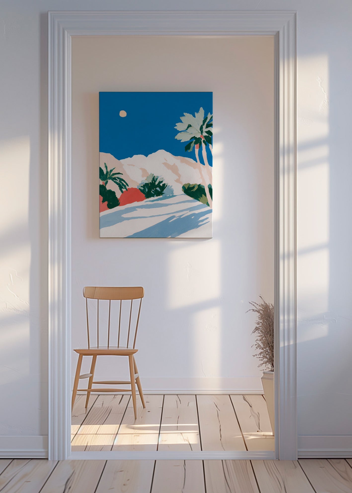 Botanisk plakat med palmer og bjerg – Canvas